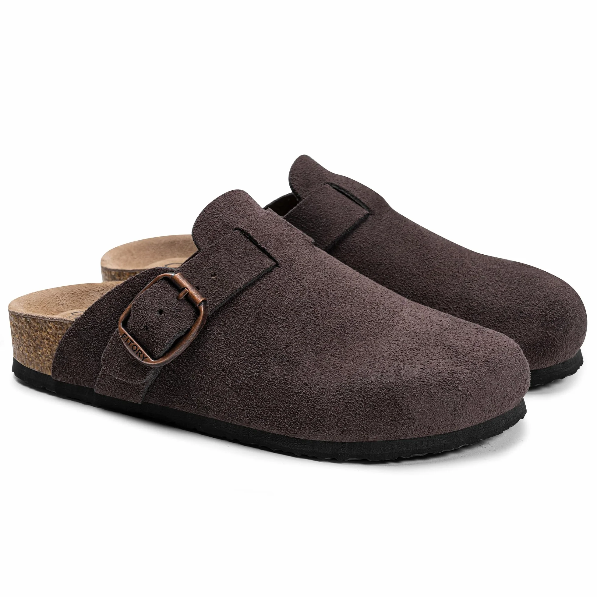 FITORY Damskie klapki z miękkiego zamszu, regulowane sandały z anatomiczną korkową wkładką, model mule, rozmiary 37–43