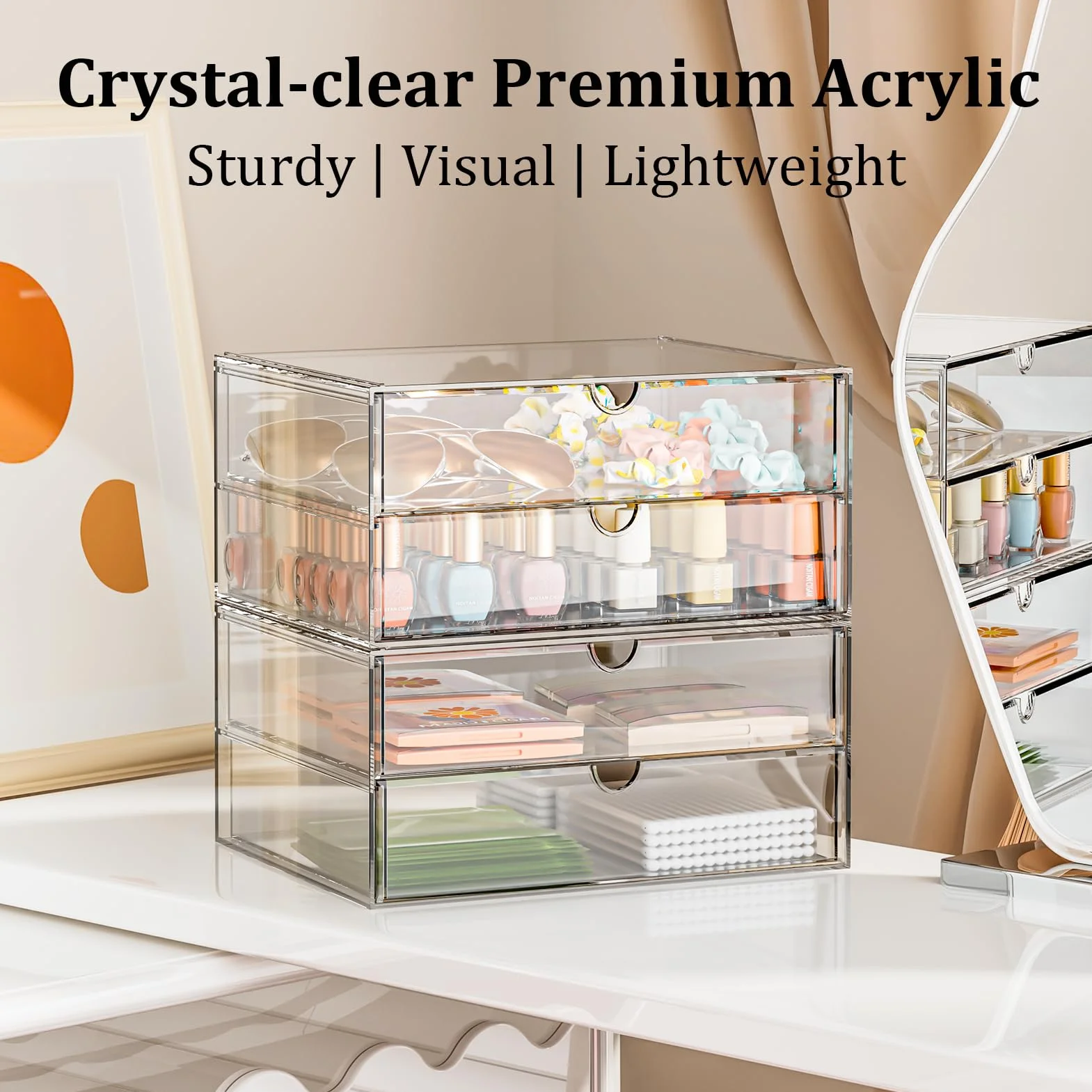 SortNStore Vanity Organizer z 4 szerokimi szufladami: Zestaw 2 akrylowych organizerów biurkowych z antypoślizgowymi podkładkami | Składana szuflada do biura, sypialni, łazienki