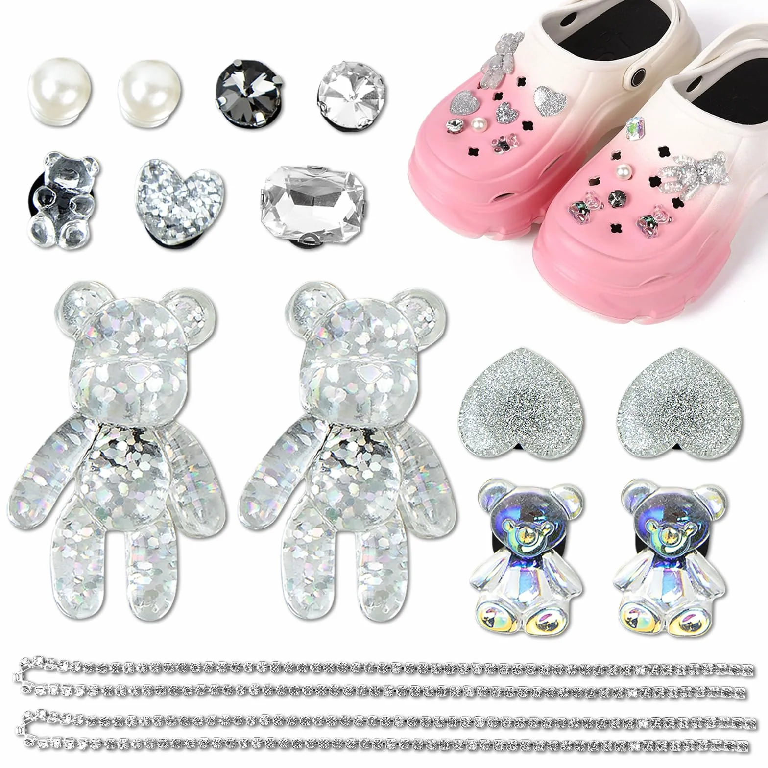 Crocs przypinka brokatowa, Crocs Jibbitz Charms Pins DIY, trójwymiarowa dekoracja, niedźwiedź i miłość, przypinka do butów, wielokrotnego użytku, zdejmowana biżuteria do butów