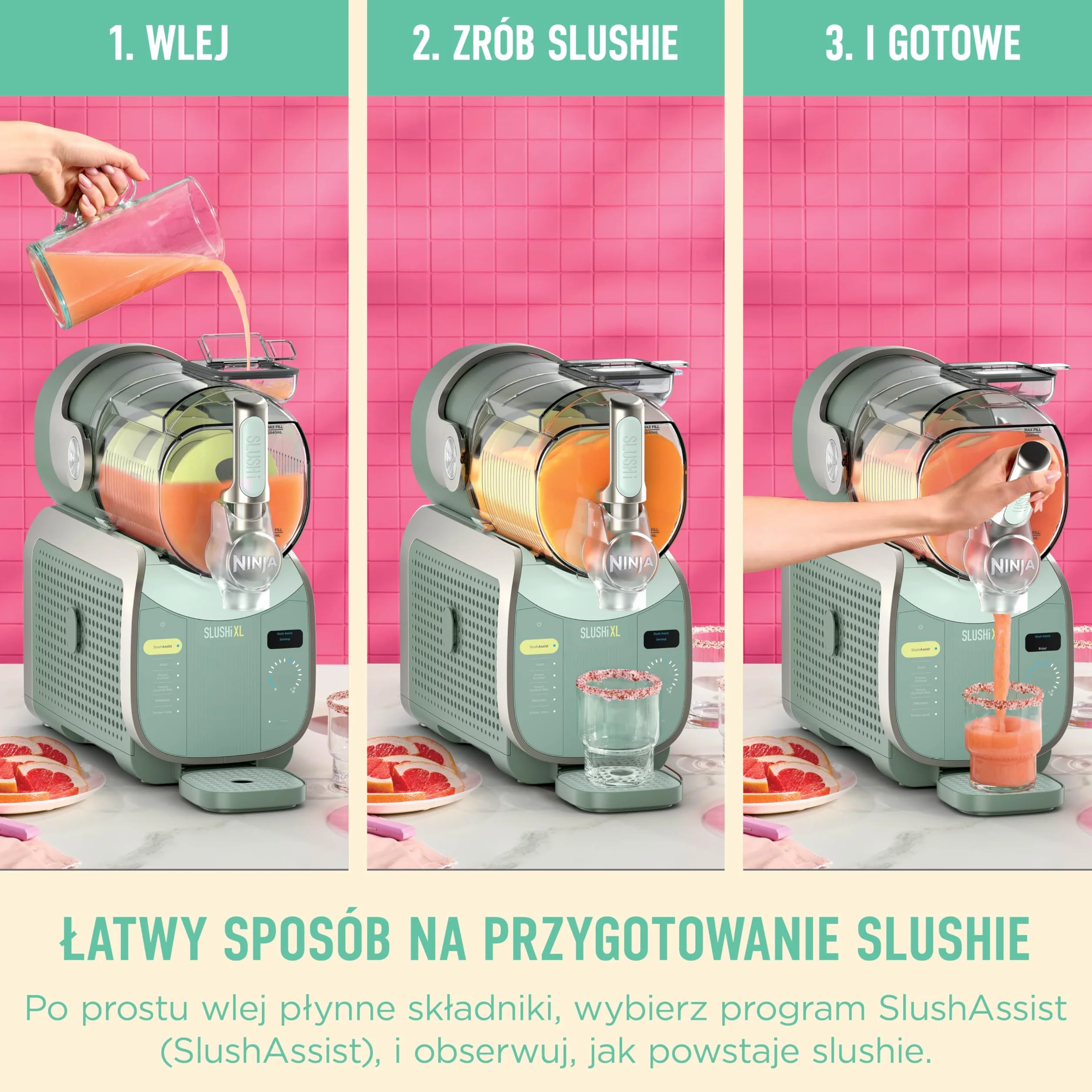 Ninja SLUSHi XL wielofunkcyjna maszyna do mrożonych napojów z technologią SlushAssist, Bardzo duża pojemność 3,7l (maks. napełnienie 2840ml), Przygotuj slushie, mrożone koktajle itp. Zielony FS601EUGN