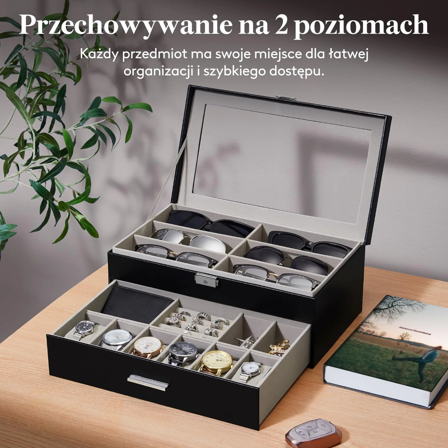 Lifewit 2-Warstwowy Organizer na Okulary Przeciwsłoneczne ze Szklaną Pokrywką, 6 Miejsc na Okulary, 6 Miejsc na Zegarki, Miejsca na Pierścionki/Broszki/Spinki do Krawatów dla Mężczyzny, Czarny