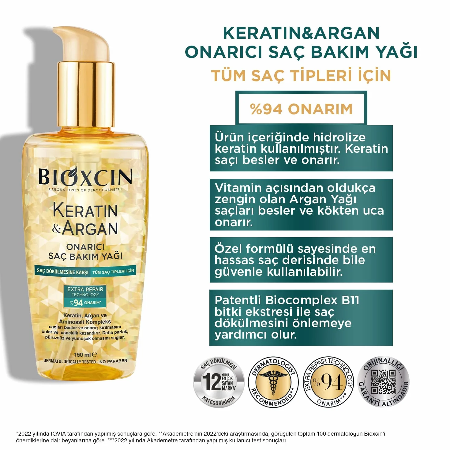 Bioxcin Keratyna i arganowy olejek do pielęgnacji włosów, 150 ml, głęboka pielęgnacja zniszczonych włosów, z efektem zapobiegającym puszeniu się, do wszystkich rodzajów włosów