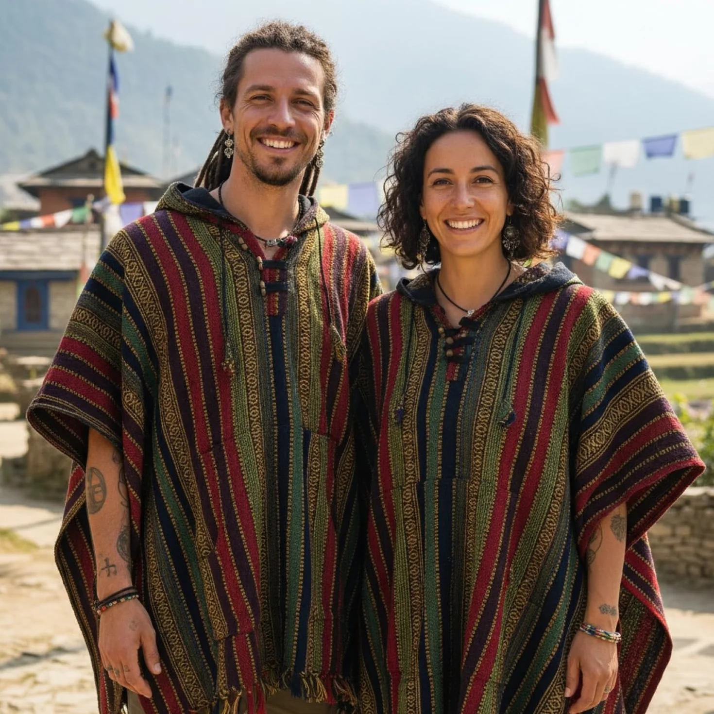 GURU SHOP Ponczo w stylu hippie, chic, etniczne ponczo, męskie/ damskie, niebieskie, z bawełny, rozmiar uniwersalny, kurtka z dzianiny, odzież alternatywa, kolorowy, jeden rozmiar