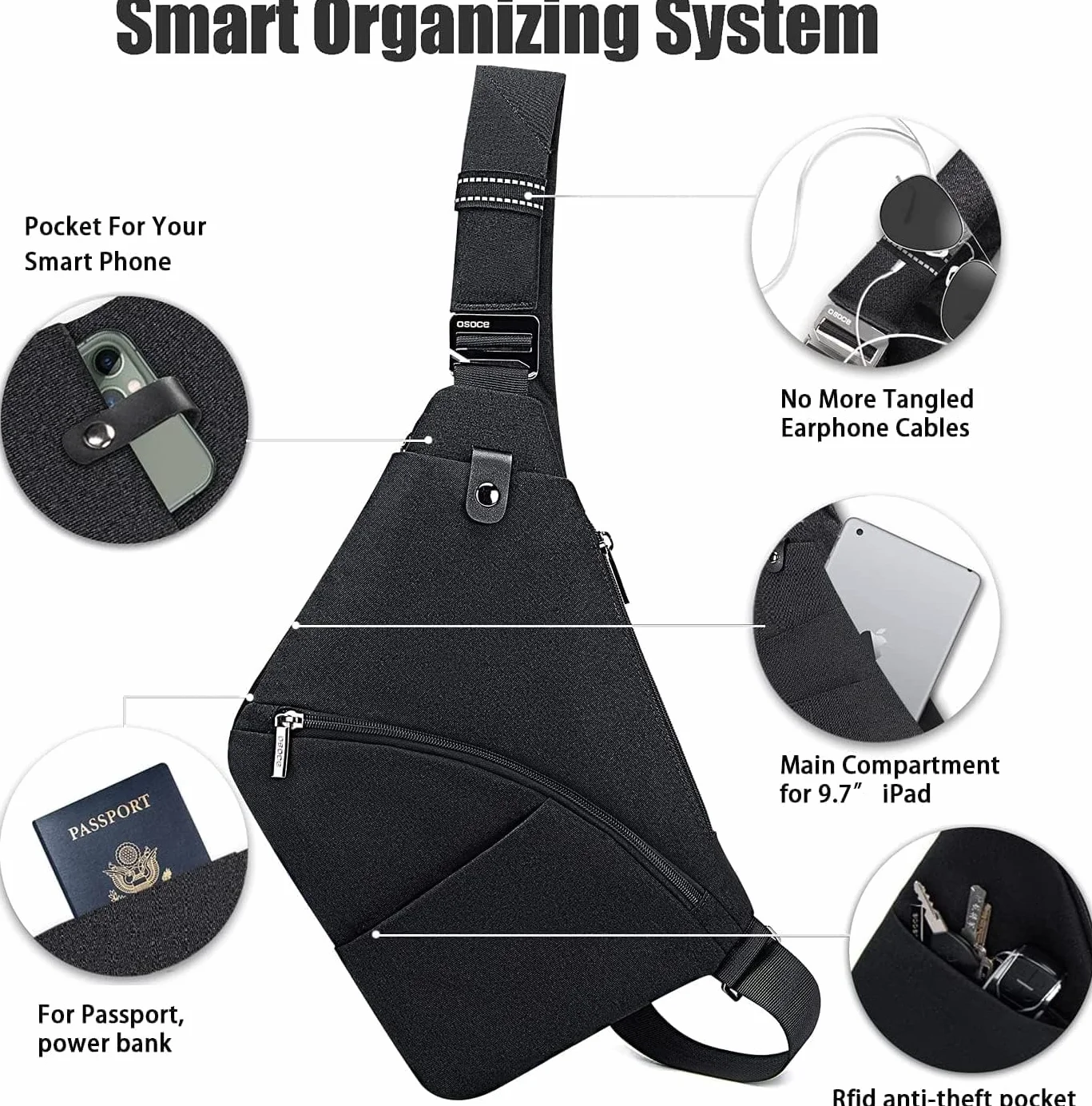OSOCE Męska torba na klatkę piersiową, antykradzieżowa torba na ramię, torba crossbody, wodoodporne torby, pokrowiec na rower, wędrówki, podróż dla mężczyzn i kobiet, 2.0 Czarny, L,