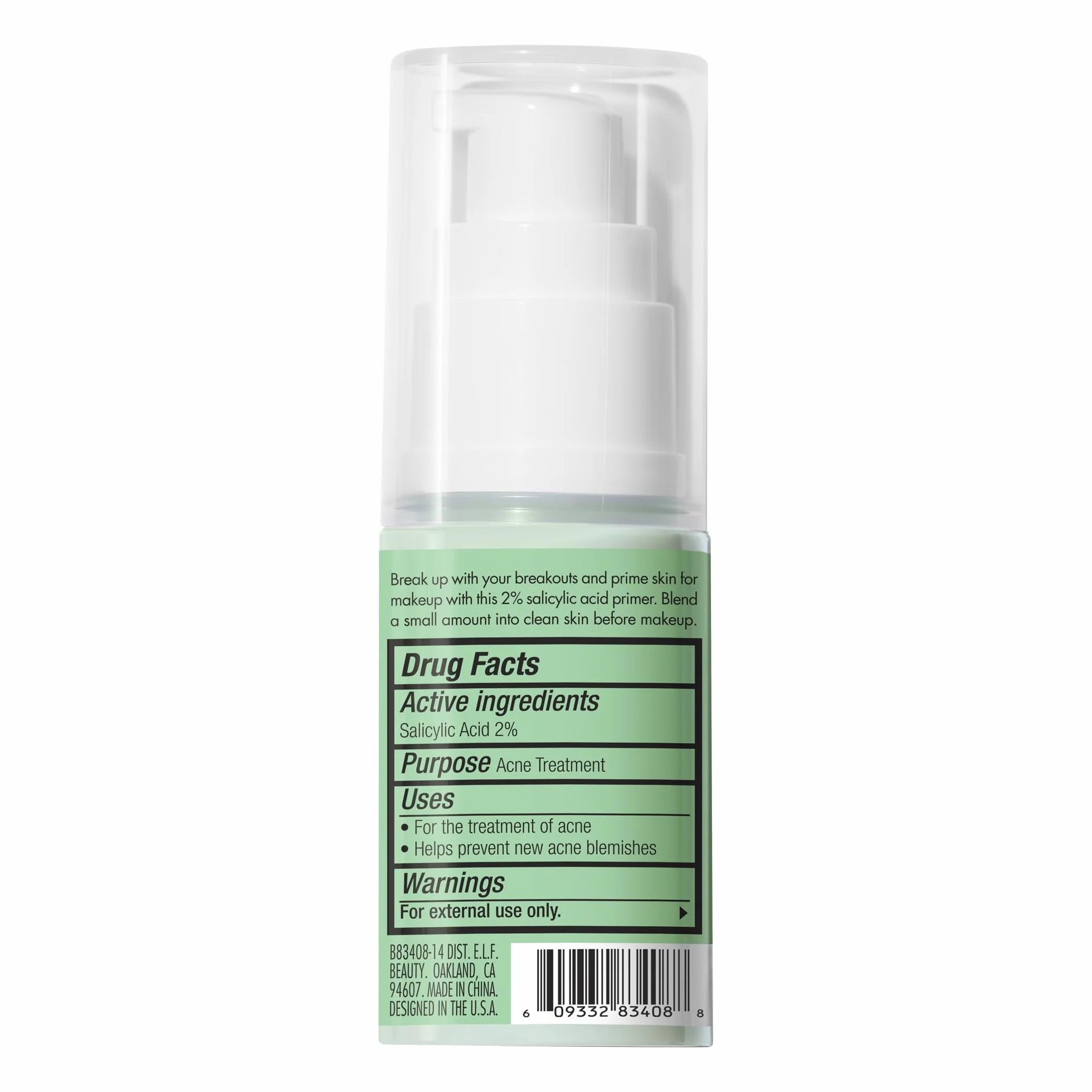 e.l.f. Blemish Control Face Primer, formuła zwalczająca trądzik, przygotowuje skórę i uspokaja, wegański i nietestowany na zwierzętach, mały, 14 ml