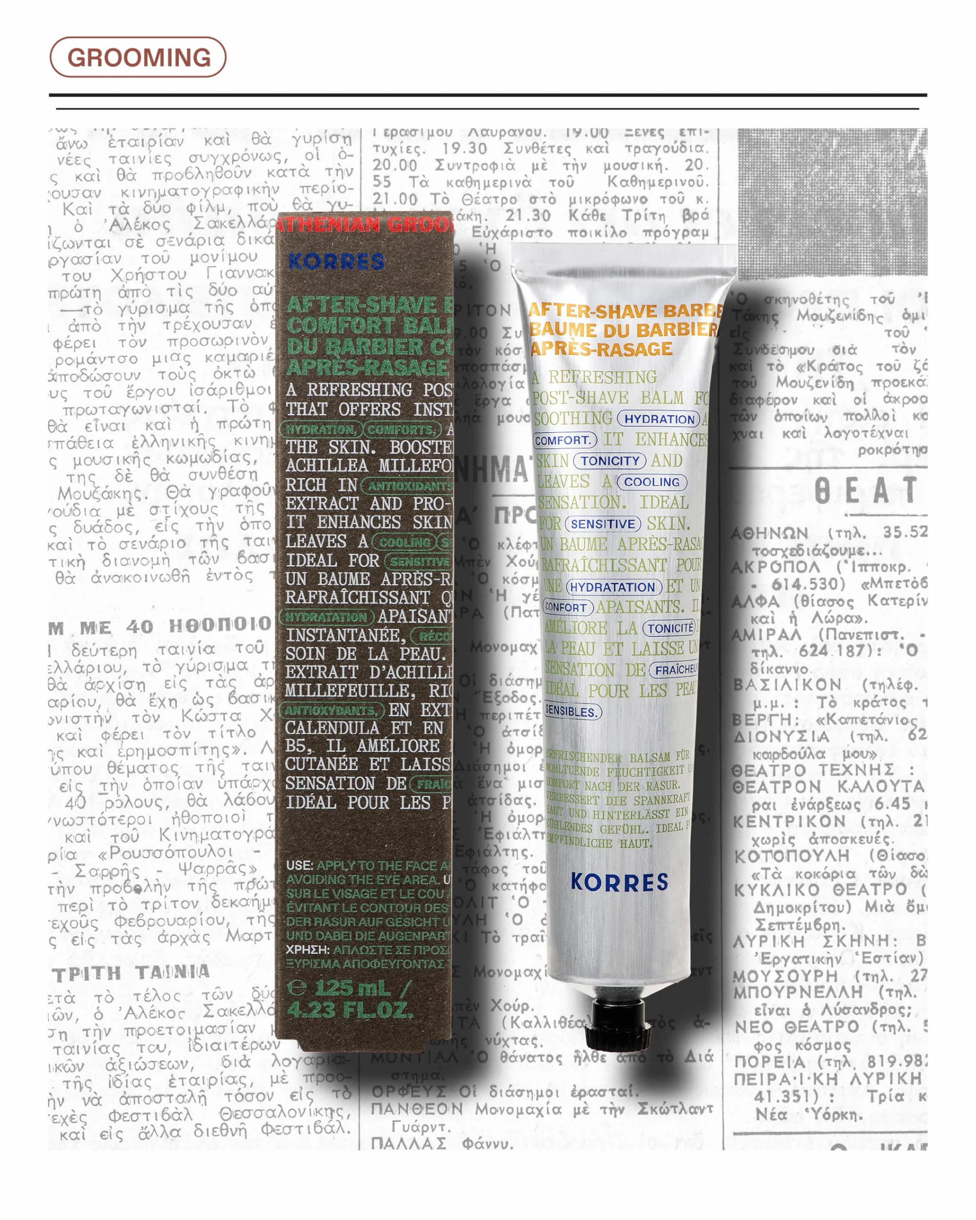 KORRES Athenian Grooming kojący balsam po goleniu dla mężczyzn, odświeżająca pielęgnacja skóry po goleniu, działa nawilżająco, uspokajająco i chłodząco, 125 ml