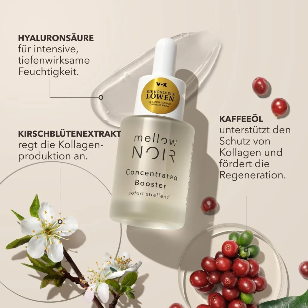 mellow NOIR Koncentrowany Booster 15 ml | Natychmiastowe ujędrnianie | Hyaluron Serum do twarzy | Serum do oczu | Serum do pielęgnacji oczu i pielęgnacji twarzy | Wegańskie | Certyfikowane kosmetyki