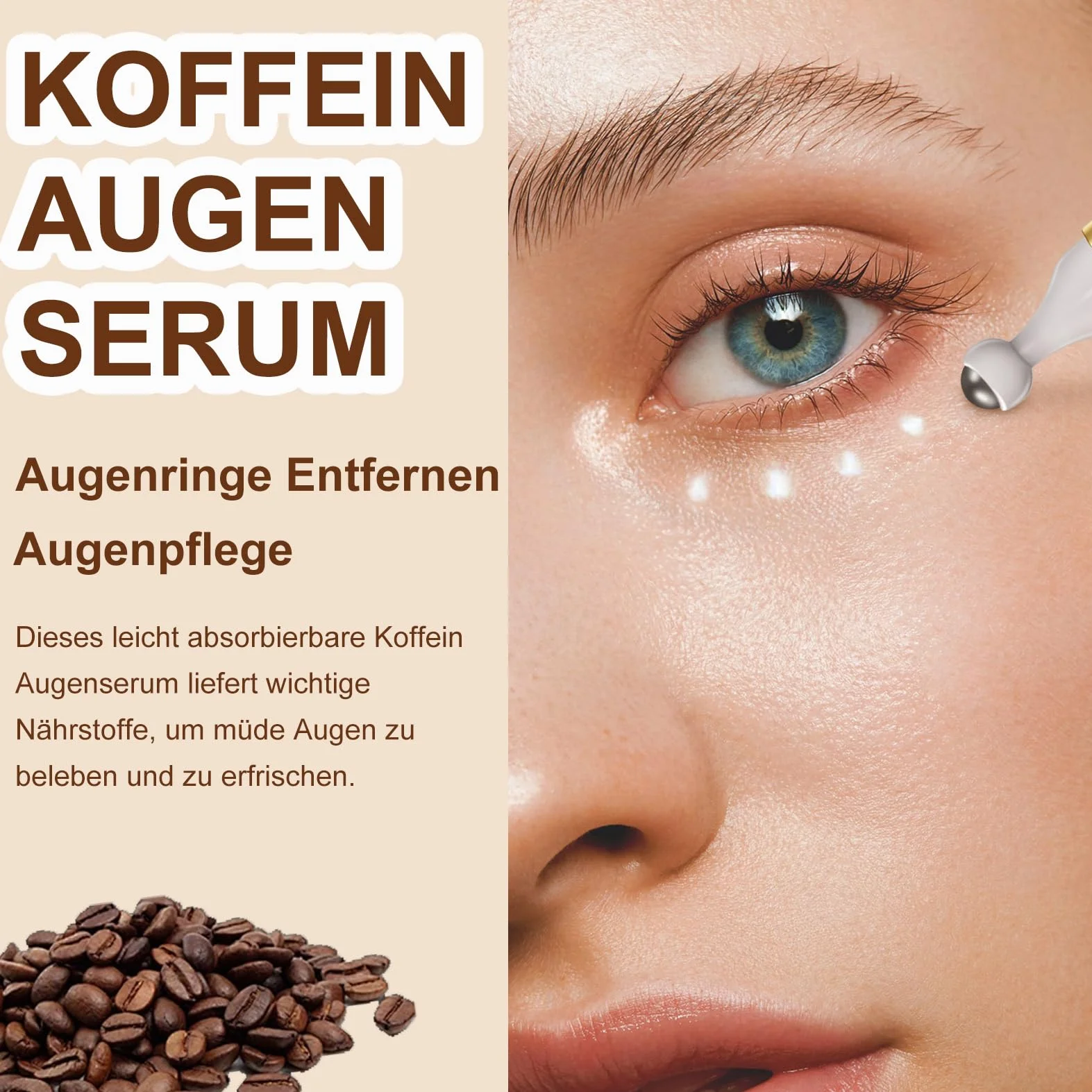 Serum do oczu z kofeiną, krem pod oczy przeciwko obrzękom i cieniami, serum przeciwstarzeniowe z 360° kulką do masażu, serum eliminujące cienie pod oczami – pielęgnacja oczu zmniejszająca worki pod