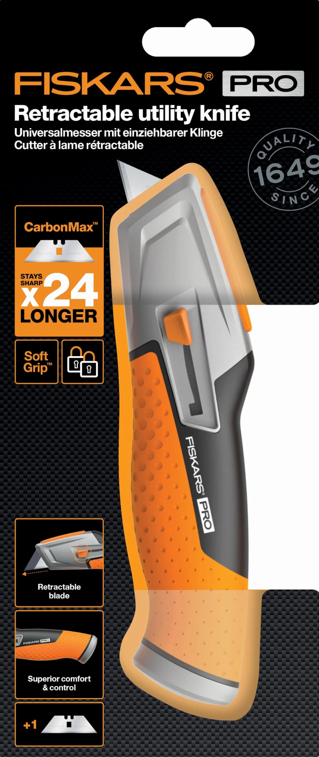 Fiskars Nóż uniwersalny z wysuwanym ostrzem, Długość 17,7 cm, Stal nierdzewna/ tworzywo, czarny/ pomarańczowy, CarbonMax, 1027223