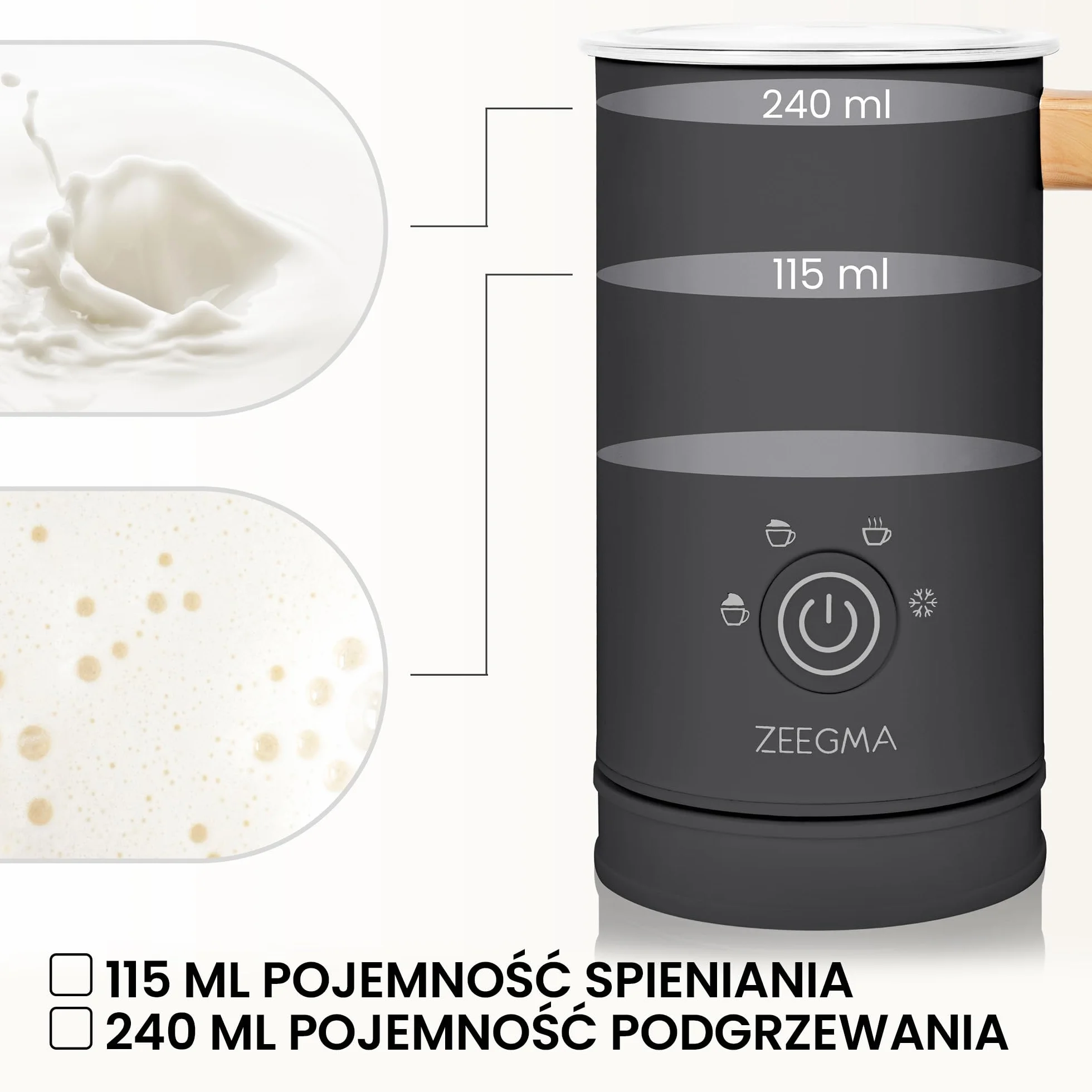 ZEEGMA MILKEE Spieniacz do Mleka Moc 500 W Pojemność 650 ml Spienianie Podgrzewanie Mleka i Zimnej Pianki do Cappuccino, Nieprzywierająca Powłoka, Kawy Latte, Kakao Dotykowy Panel