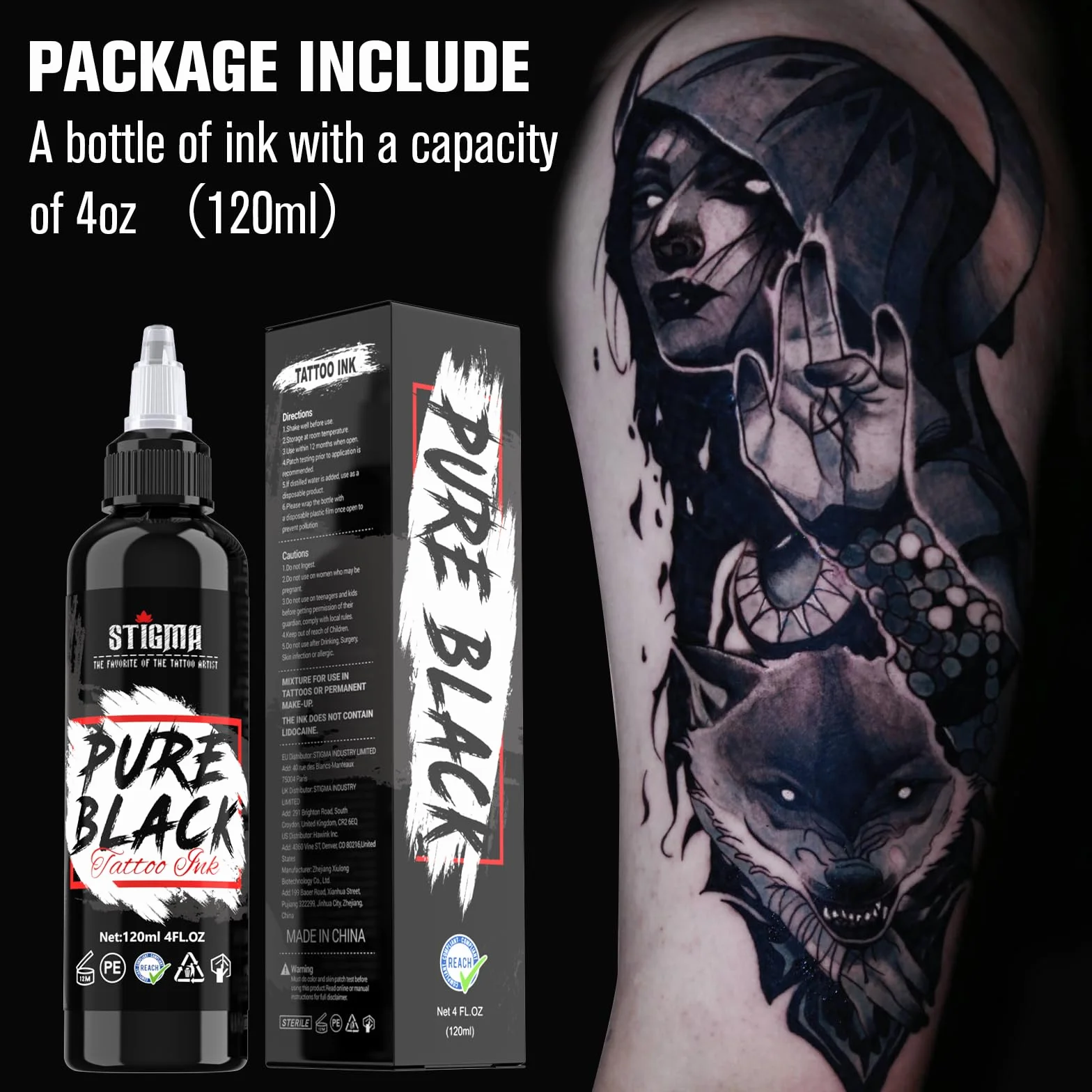 STIGMA Tusz do tatuażu, 120 ml, czysta czerń, czysty czarny, tusz do tatuażu, permanentny pigment, profesjonalna dostawa do karmy i cieniowania, TI972-4OZ-T