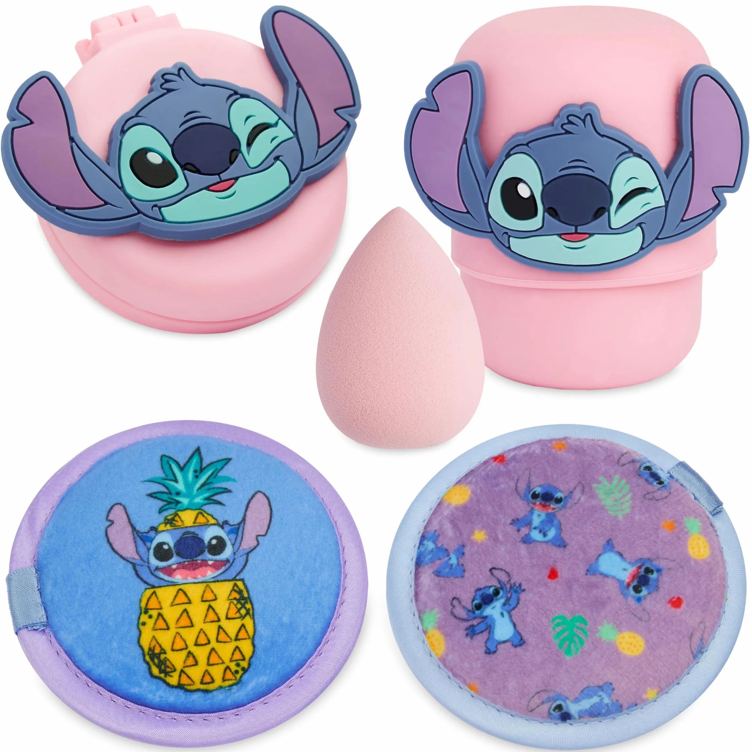 Zestaw akcesoriów do urody Disney Stitch z gąbką do makijażu, wielokrotnego użytku podkładkami do demakijażu i szczotką do włosów do podróży - prezenty Stitch