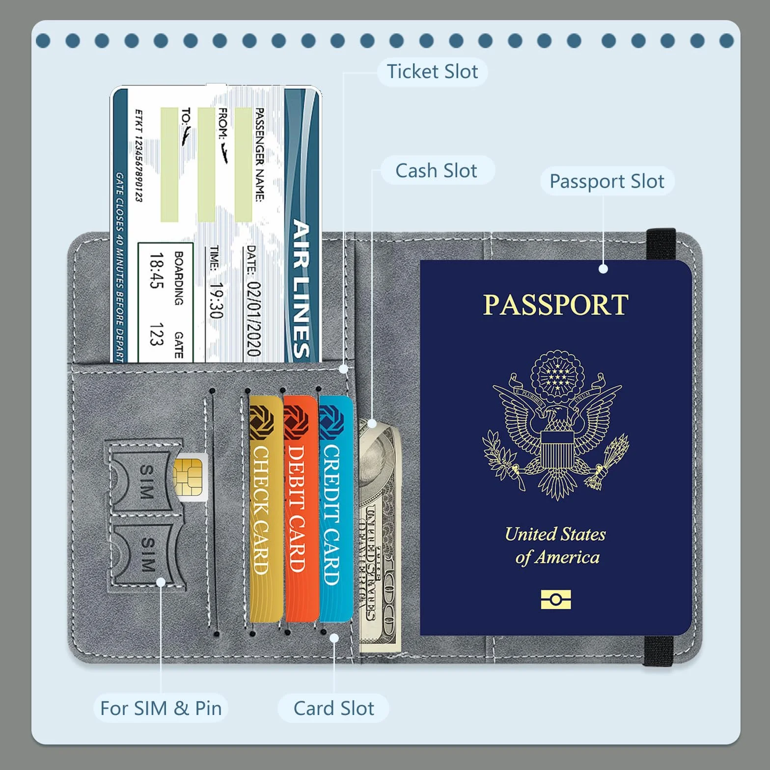 FlyWave Etui na paszport, etui na paszport dla kobiet i mężczyzn, uchwyt na paszport z blokadą RFID, etui na dokumenty podróżne, dowód osobisty, etui ochronne na karty kredytowe, szary,