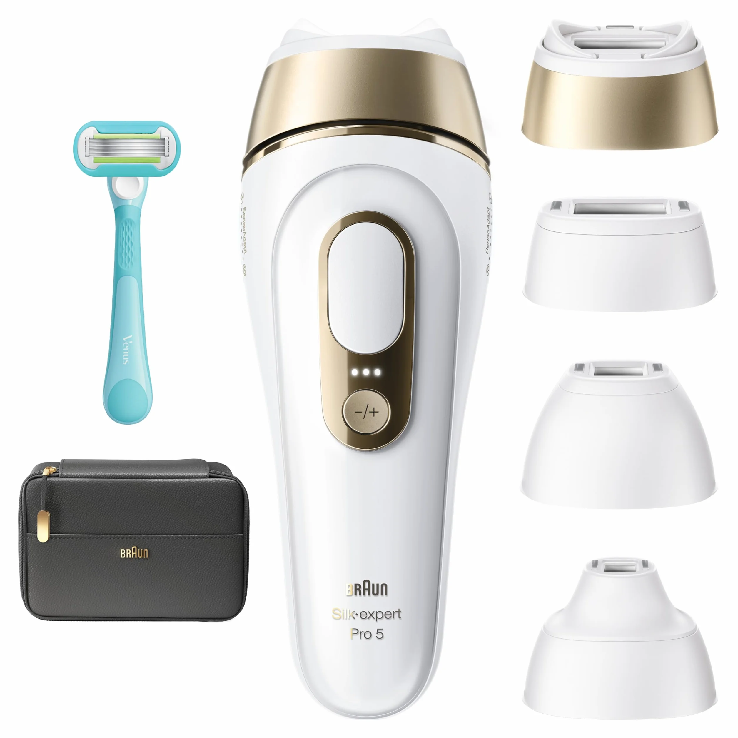 Braun IPL Smart Silk·expert Pro 5, Laserowe Usuwanie Owłosienia w Domu, Trwała Depilacja, Z Saszetką, Golarką Gillette Venus, 4 Nasadkami, PL5431
