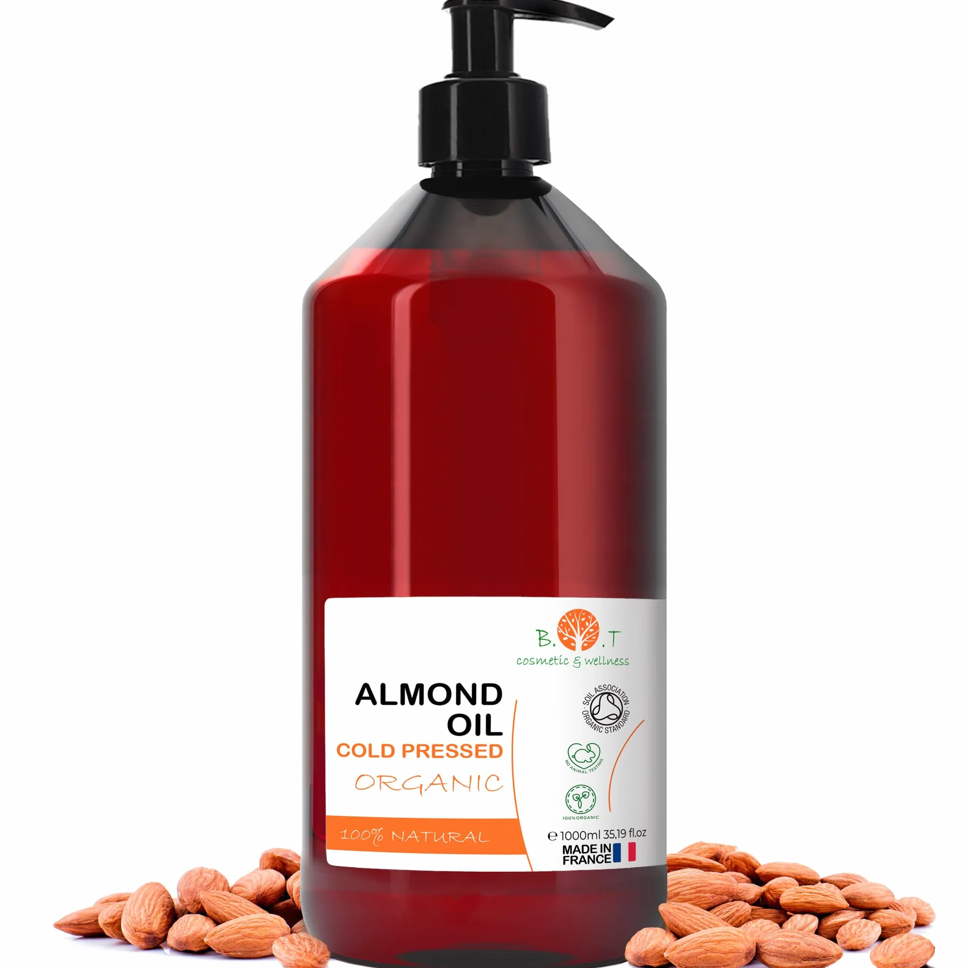 Organiczny Olej Migdałowy, Tłoczony na Zimno, Czysty, Naturalny. Profesjonalny Olejek do Masażu, Włosów i Rzęs, Nawilżania ciała (Paznokcie) Twarzy (Przeciwstarzeniowy) na Rozstępy Ciąży - 1000 ml