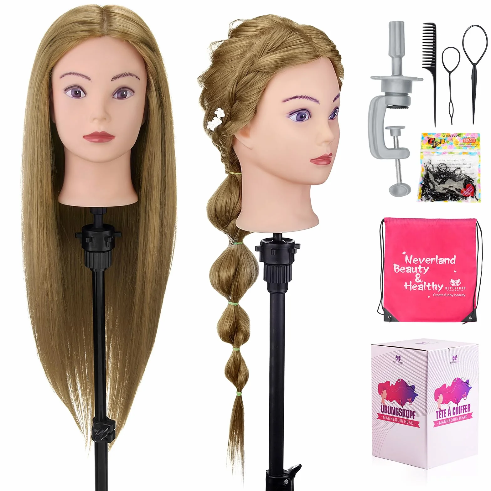 Brand Głowa manekina fryzjerska. 71 cm, 80% naturalnych włosów, lalka treningowa do stylizacji włosów nr 27, głowa do ćwiczeń czesania z uchwytem stołowym, odpowiednia do przedłużania włosów