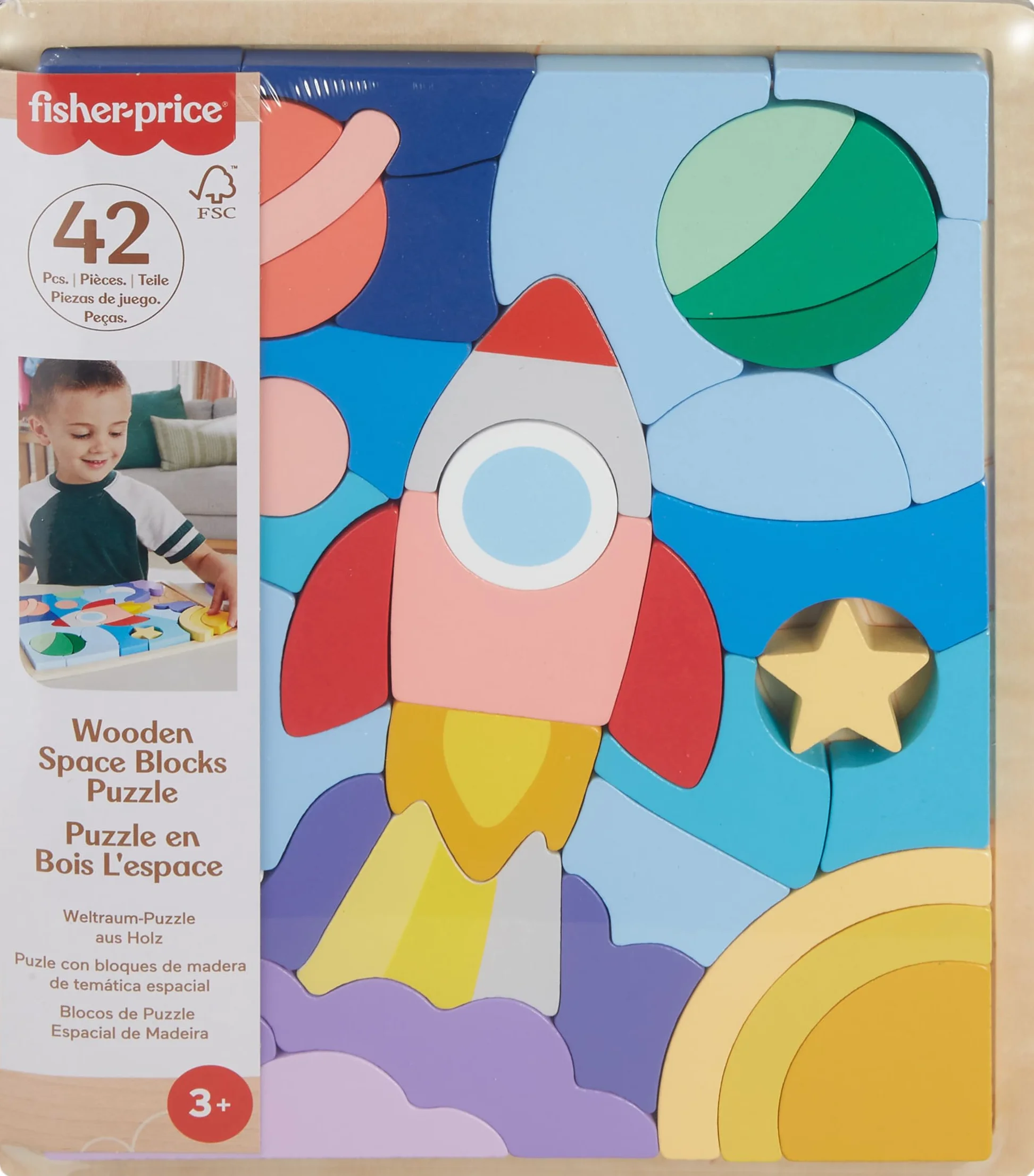 Fisher-Price Drewniane puzzle – kosmos Układanka z klockami, 42 elementy drewniane, dla dzieci od 3 roku życia, HXY42