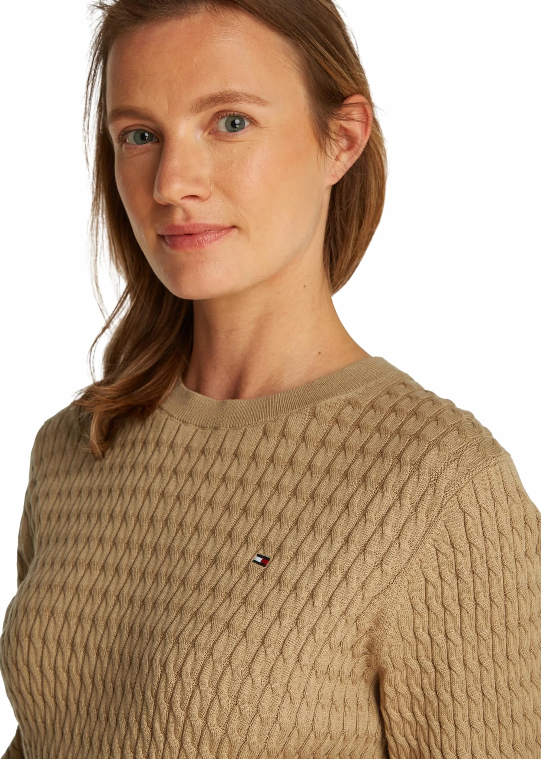 TOMMY HILFIGER Damski sweter CO Cable C-NK LS WW0WW44993, Khaki (płótno safari), L