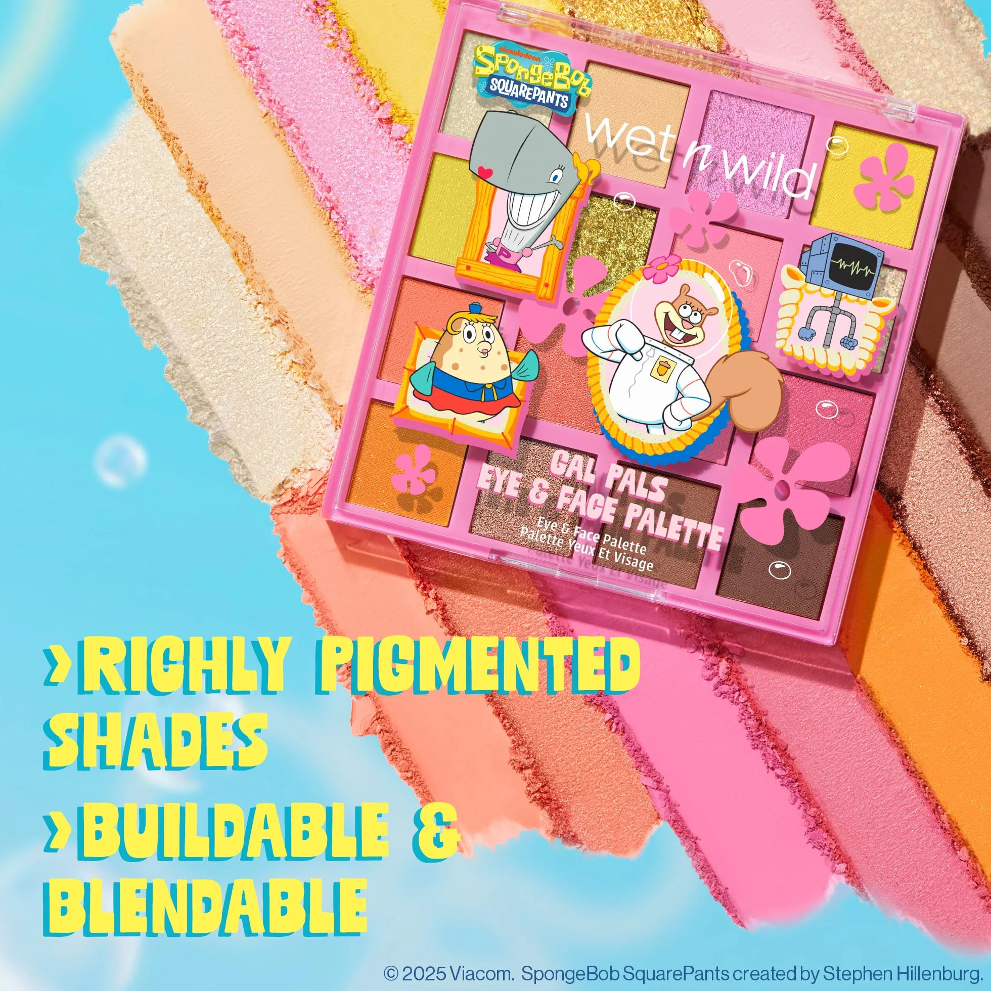 wet n wild Spongebob paleta oczu i twarzy, paleta oczu i twarzy z 16 pigmentowanymi odcieniami w matowych i połyskujących wykończeniach