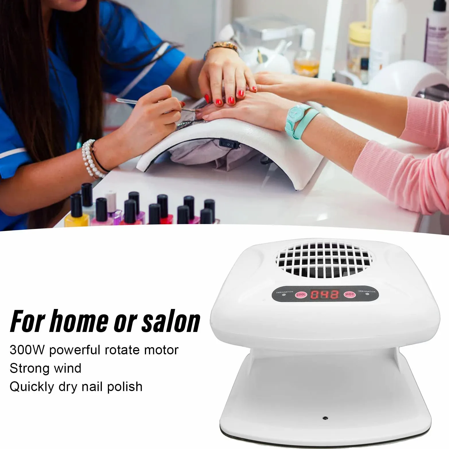 Suszarka do Paznokci na Powietrze do Obu Rąk i Stóp 300w Air Nail Fan Suszarka Nadmuchowa do Zwykłego Lakieru do Paznokci z Gorącym i Chłodnym, Automatycznym Użyciem