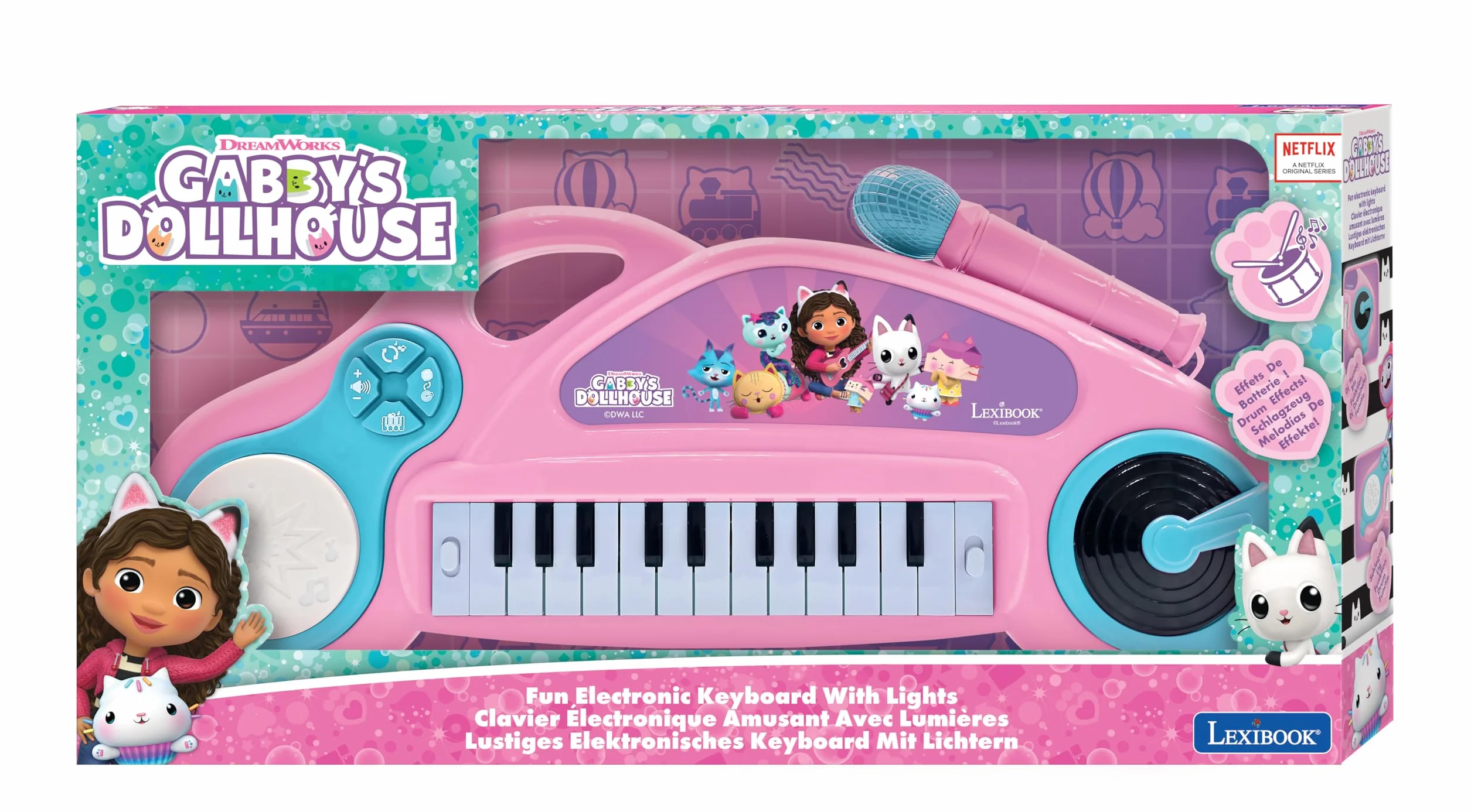 Lexibook, Gabby's Dollhouse, Pianino Elektroniczne dla Dzieci z Efektami Świetlnymi, Mikrofonem, Perkusją, Wbudowanym Głośnikiem, Utworami Demo, Odtwarzaczem Dj, Różowy, Niebieski, K704GDH