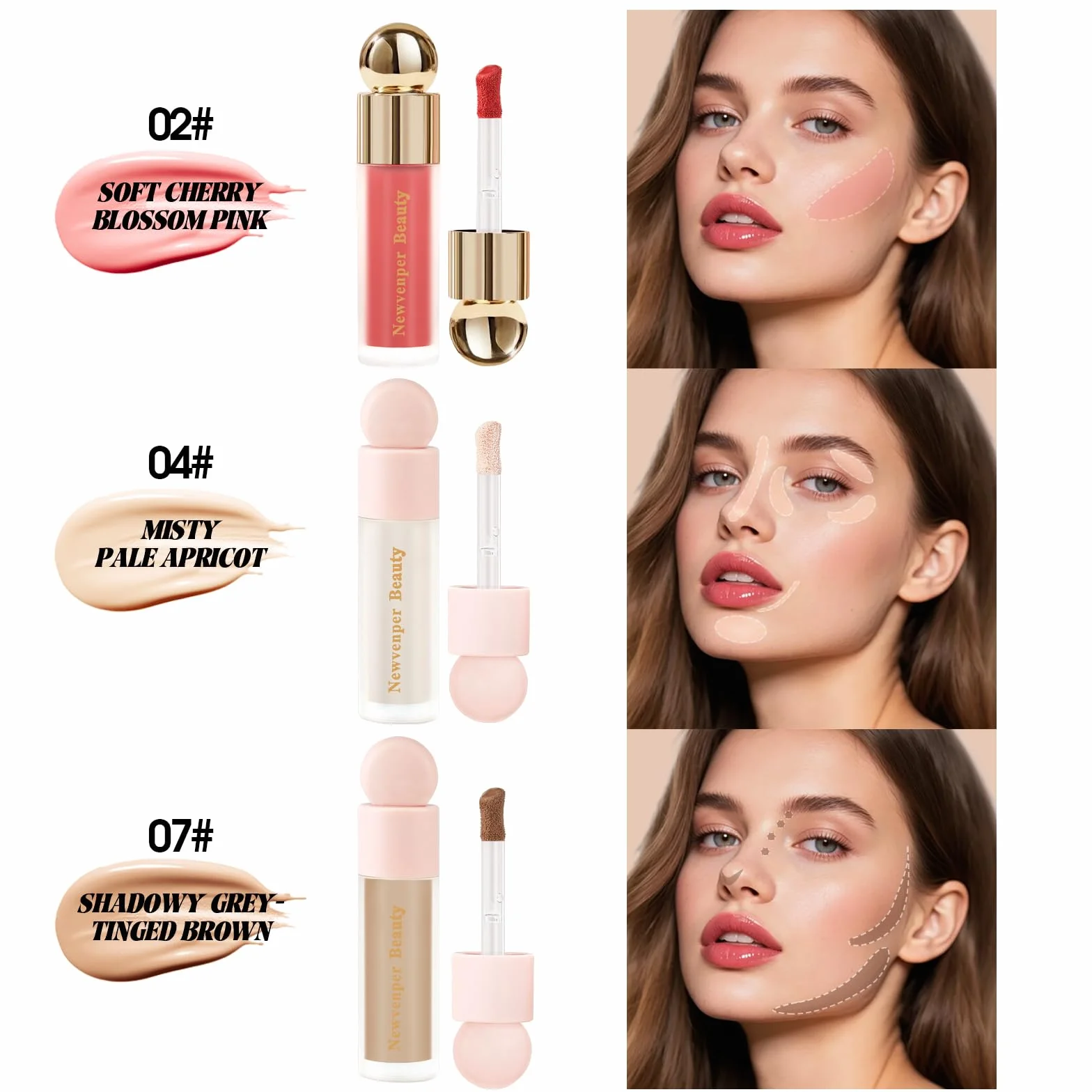 Newvenper Krem, bronzer + rozświetlacz + róż, z pędzelkiem do twarzy, długotrwały i gładki, róż, rozświetlacz i bronzer do konturowania w płynie