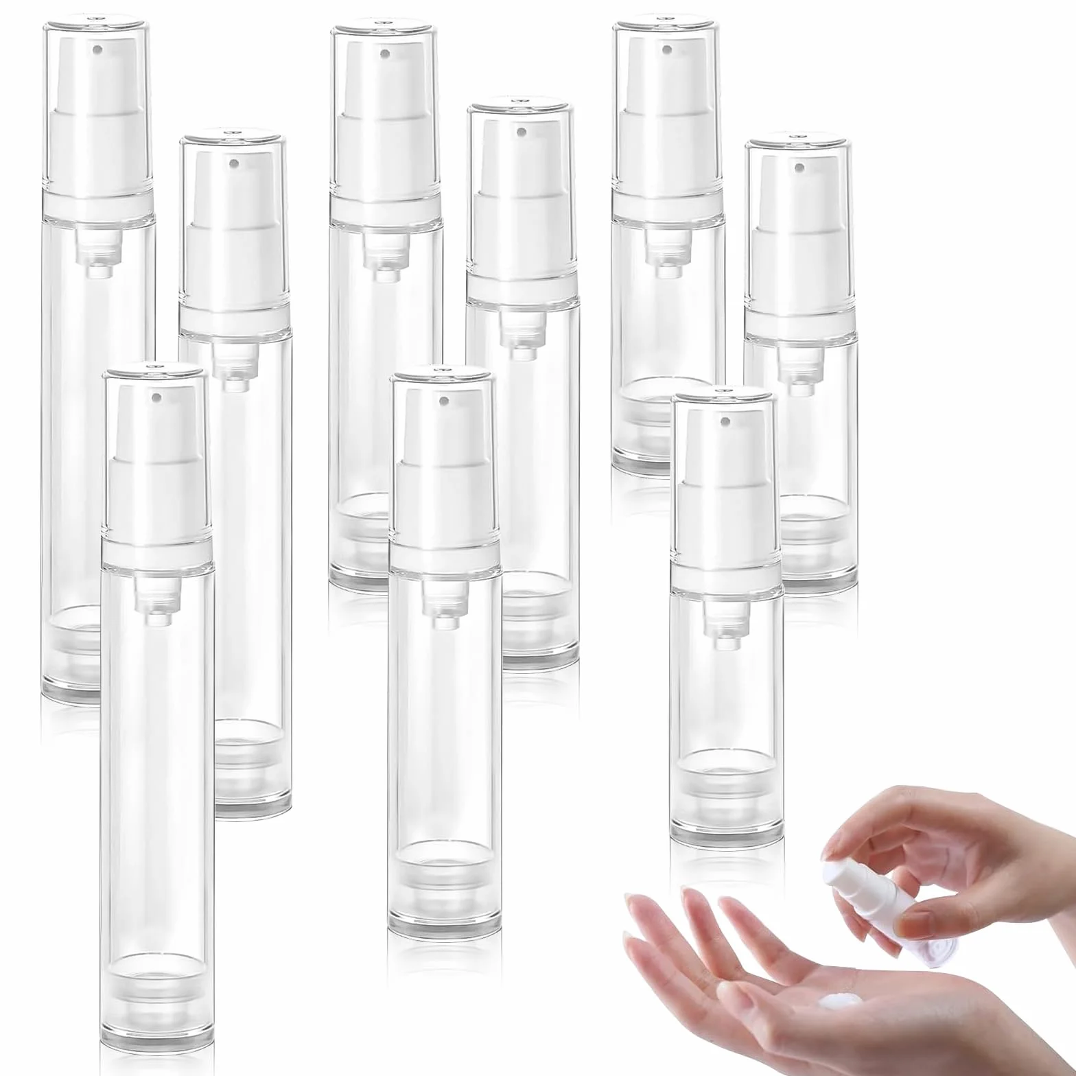 9 szt. Pompa bezpowietrzna 5 ml, 10 ml, 15 ml, bezpowietrzna pompa do przechowywania butelek z kremem, pompa próżniowa podróżna, dozownik kosmetyków do napełniania, do balsamu, szamponu w