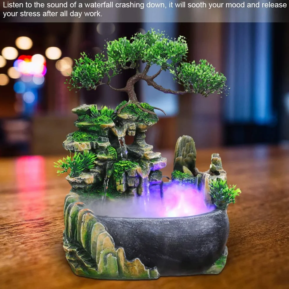 Fontanna na biurko, wewnętrzna fontanna na biurko Wodospad LED Fontanna na biurko ze zmianą koloru do dekoracji biurka Symulacja Rockery Humidifier Decor (EU 220V)