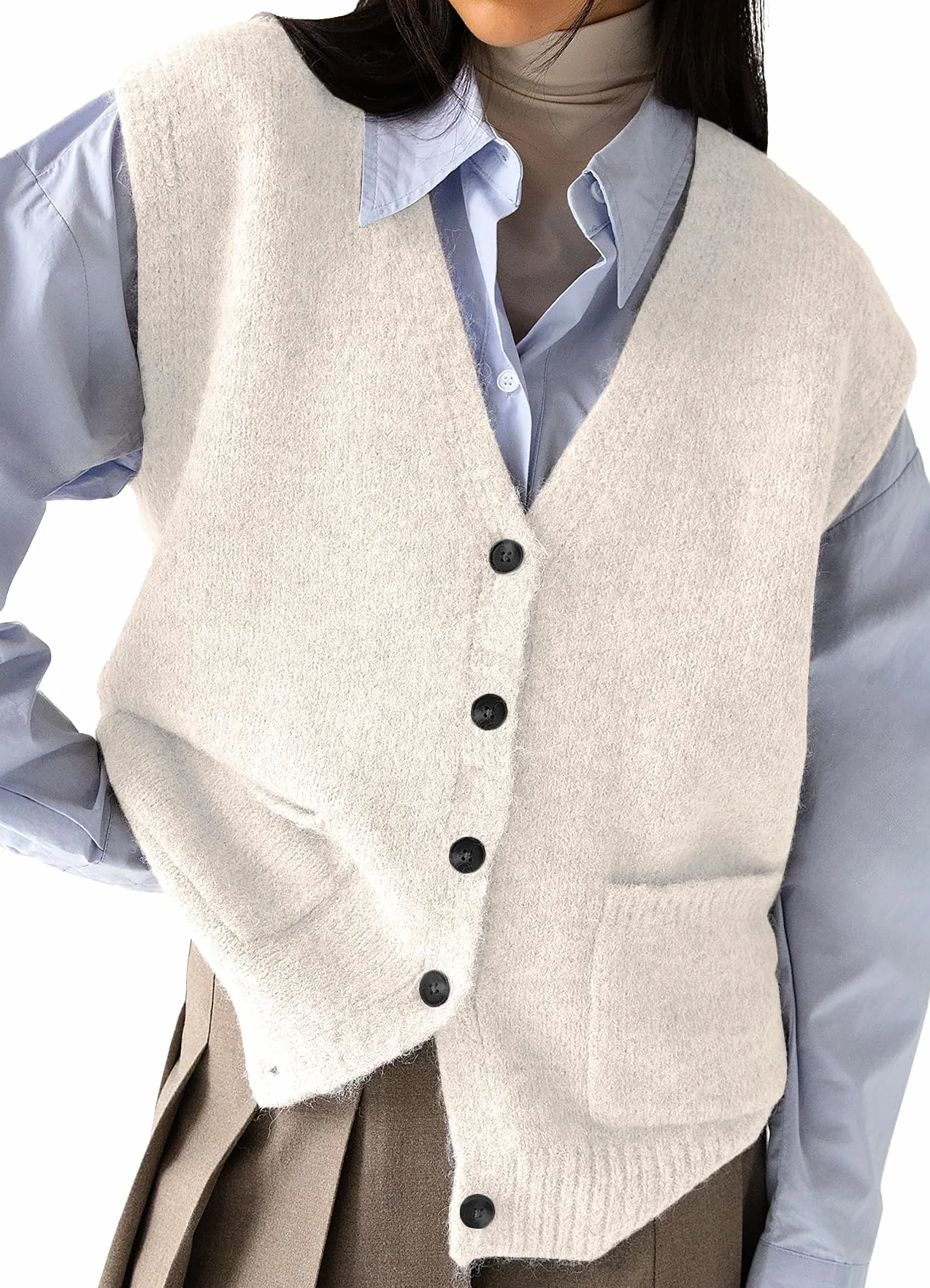 TZLDN Sweter damski z kieszeniami, bez rękawów, elegancka kamizelka z guzikami, dzianina, dekolt w serek, luźna, luźna, z dzianiny, sweter, kurtka jesienna