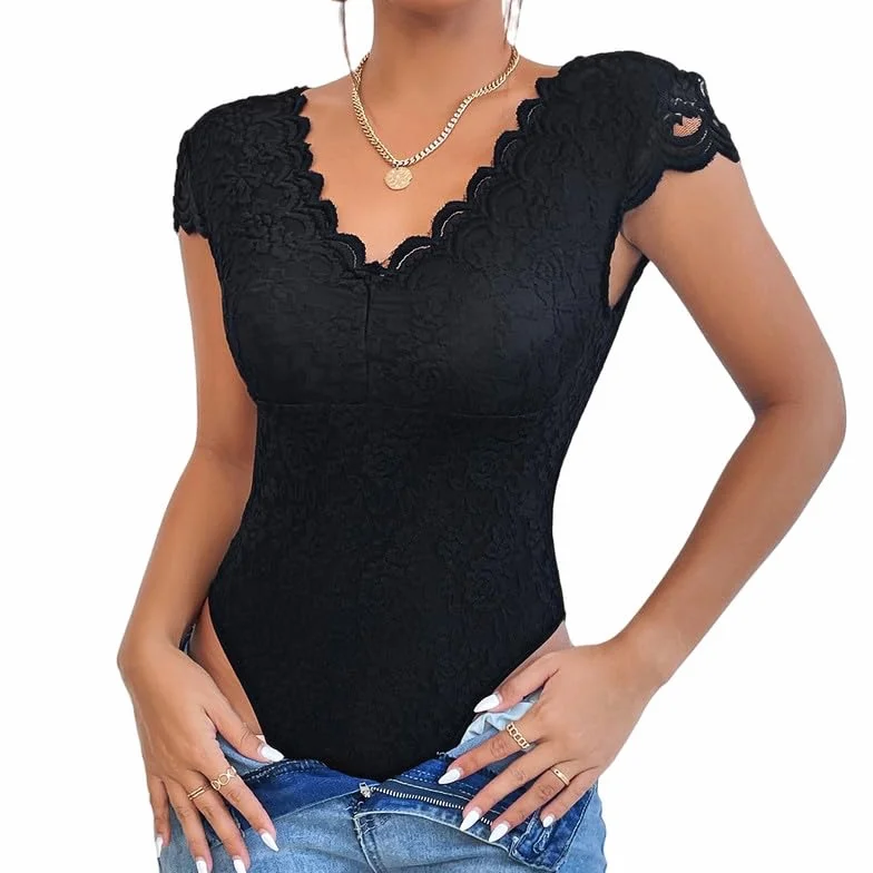 Haibang Seksowne damskie koronkowe body z dekoltem w szpic body kwiatowy top obcisła bluzka z krótkim rękawem bezrękawnik eleganckie koszule Cami Bluzka Clubwear
