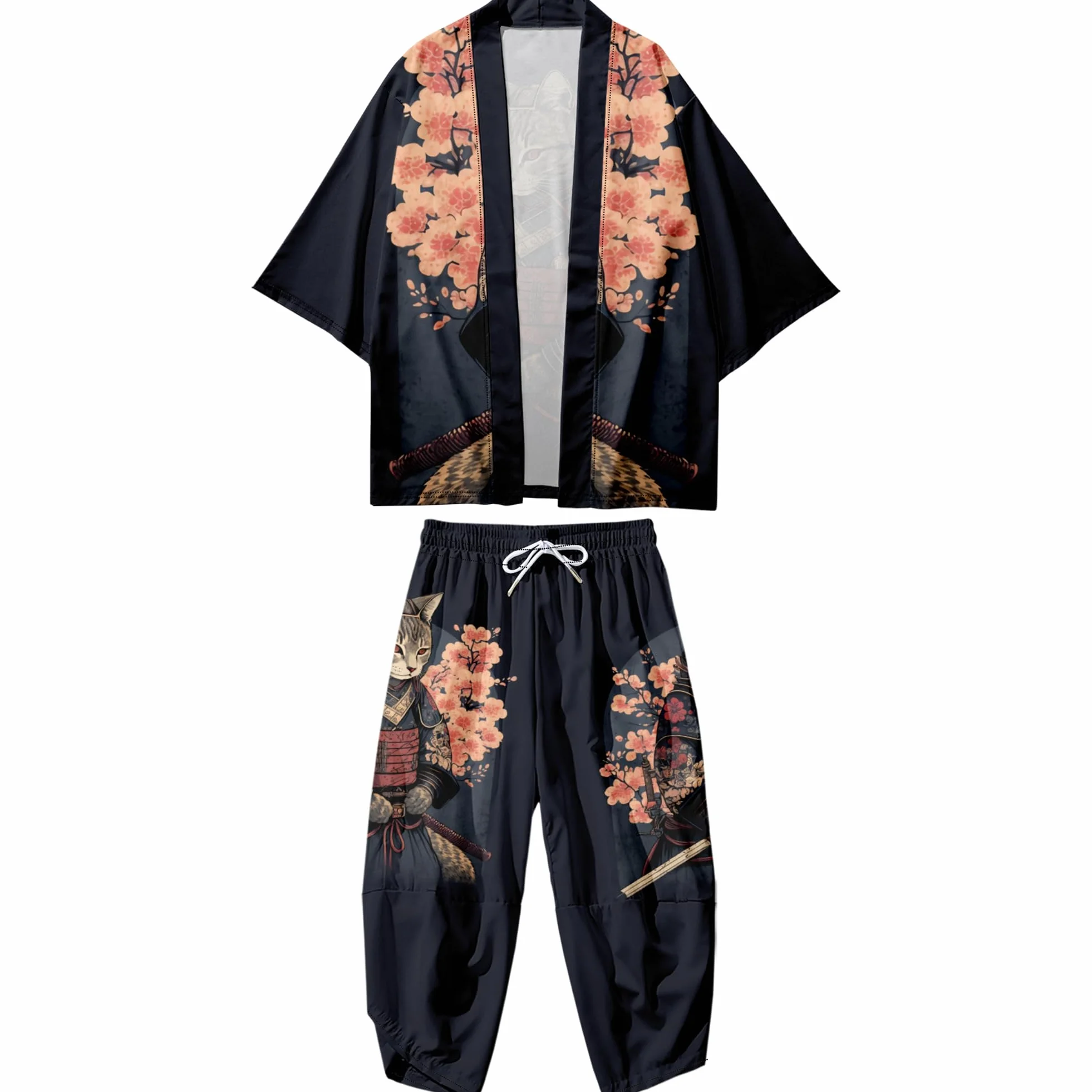 DOSLAVIDA Japoński zestaw kurtek kimono dla mężczyzn, stylowy otwarty płaszcz przedni ze szortami, chiński styl, kurtka z dzianiny z nadrukiem