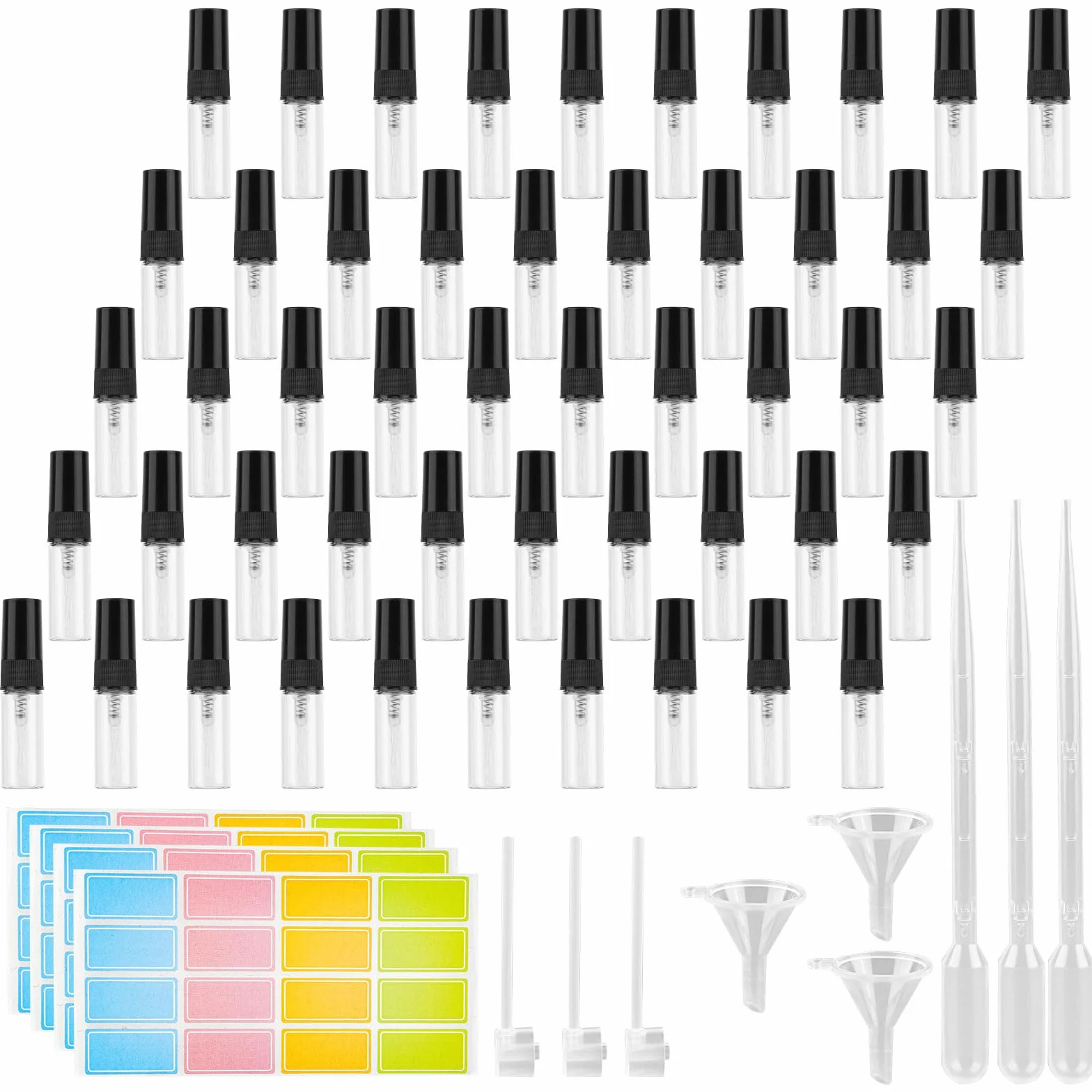 RVLZKCPG 50 sztuk mini rozpylaczy do perfum na podróże, 3 ml, wielokrotnego napełniania, z 3 pipetami, 3 lejkami, 3 dozownikami i 4 arkuszami etykiet do podróży i kempingu