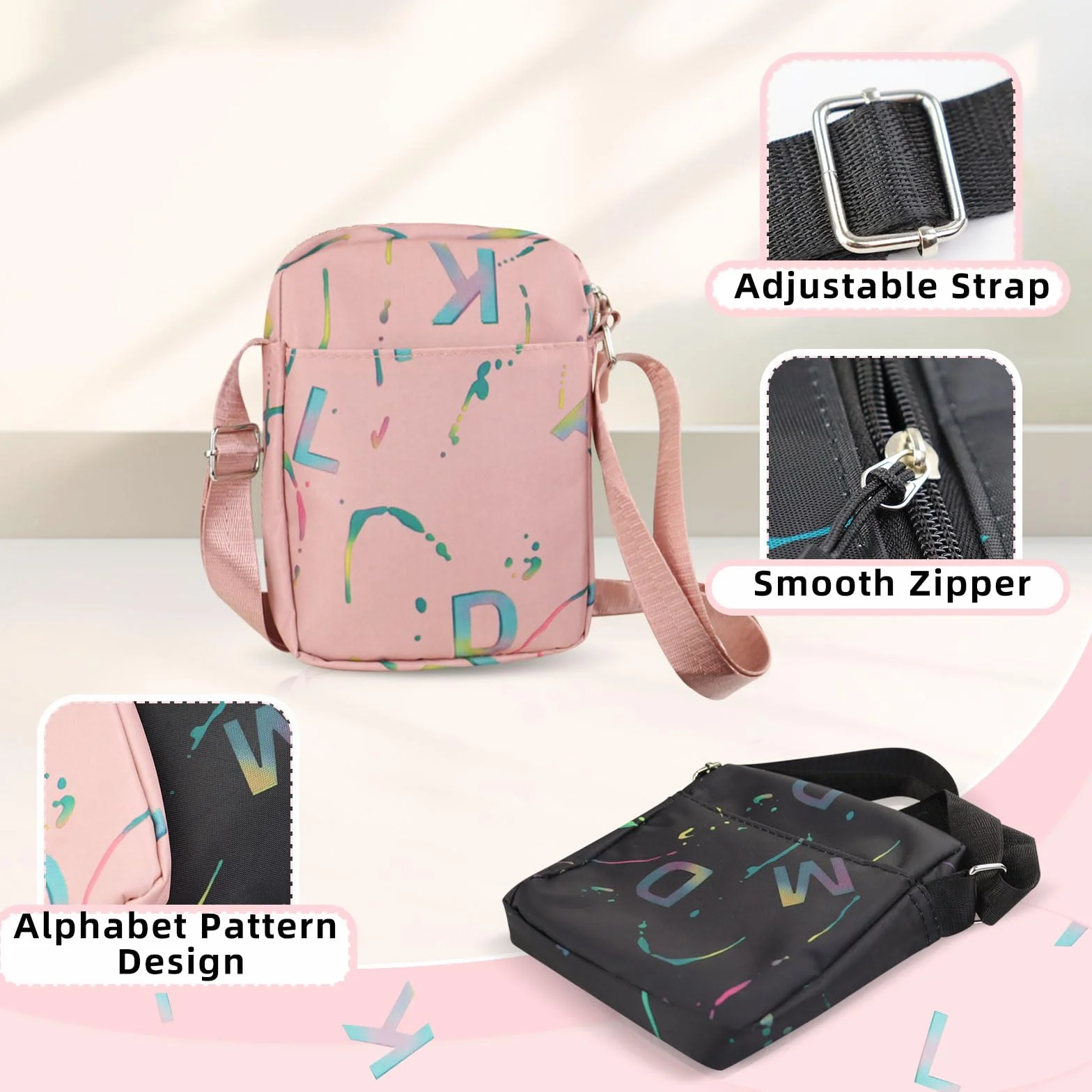 Damska torba na ramię, nylonowa tkanina Oxford, torba crossbody z regulowanym paskiem na ramię, torebka damska z nadrukiem listów, mała torebka na zakupy na randkę i podróże