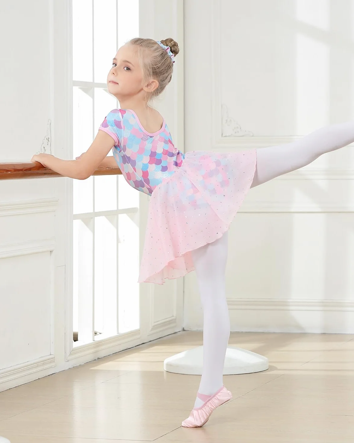 Gogokids Dziewczęca koszulka baletowa dla małych dzieci, błyszcząca sukienka do tańca, z krótkim rękawem, odzież baletowa, dopasowana opaska na włosy, idealna na lekcje baletu, tańca i występy, 3-11