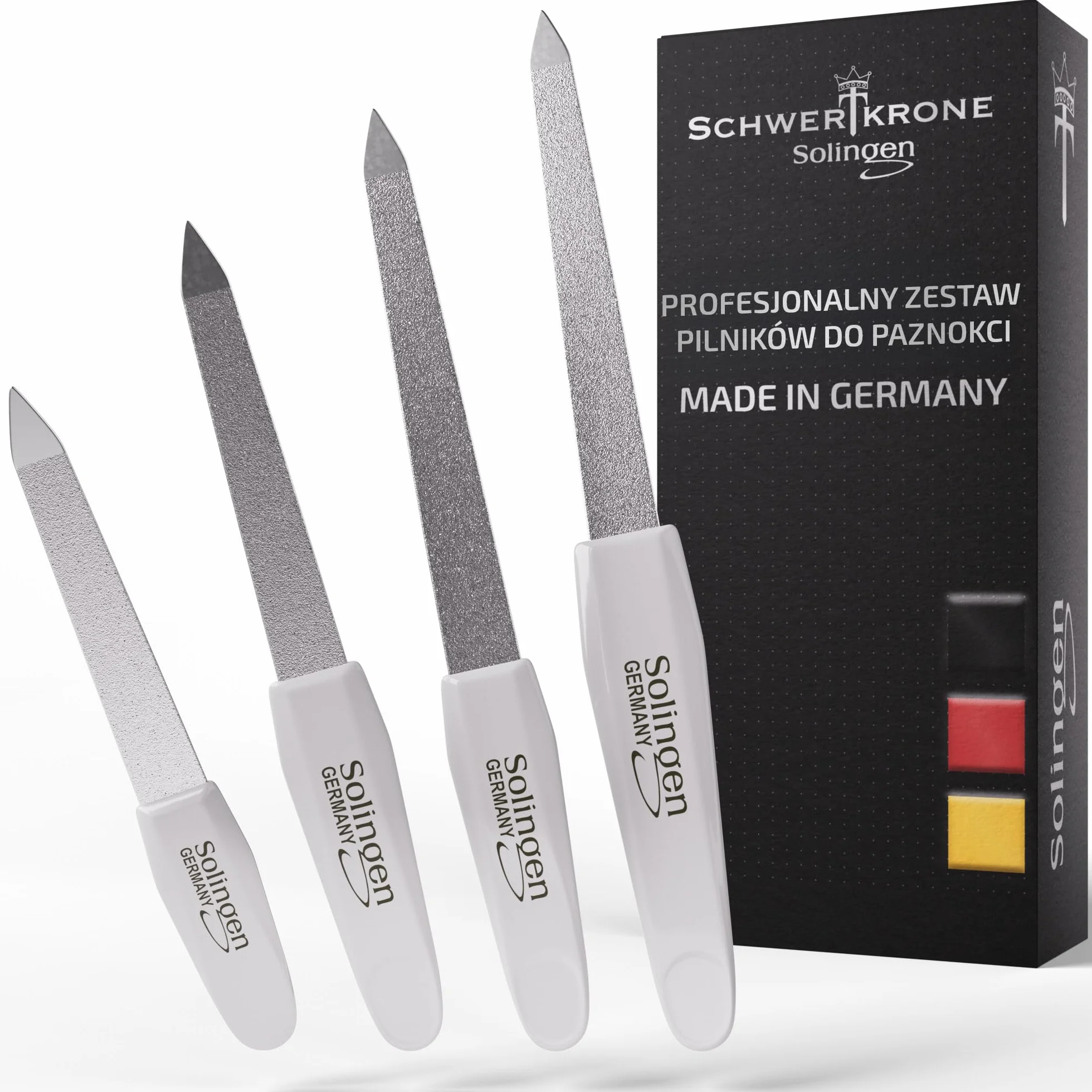 SCHWERTKRONE ® Zestaw 4 pilników do paznokci szafirowych [Made in Solingen – Germany] – pilniki do paznokci naturalne – pilniki do paznokci – do manicure i pedicure – drobne i grube, w 4 rozmiarach
