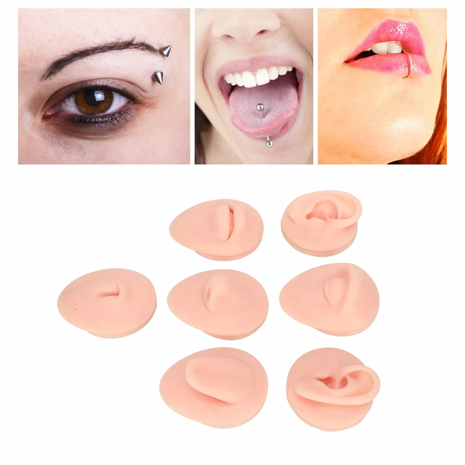 Body Piercing Praktyka Model Symulacja Silikonowe Ucho Oko Nos Usta Język i Pępek Model dla Nowicjusza Piercer (Jasny kolor skóry)