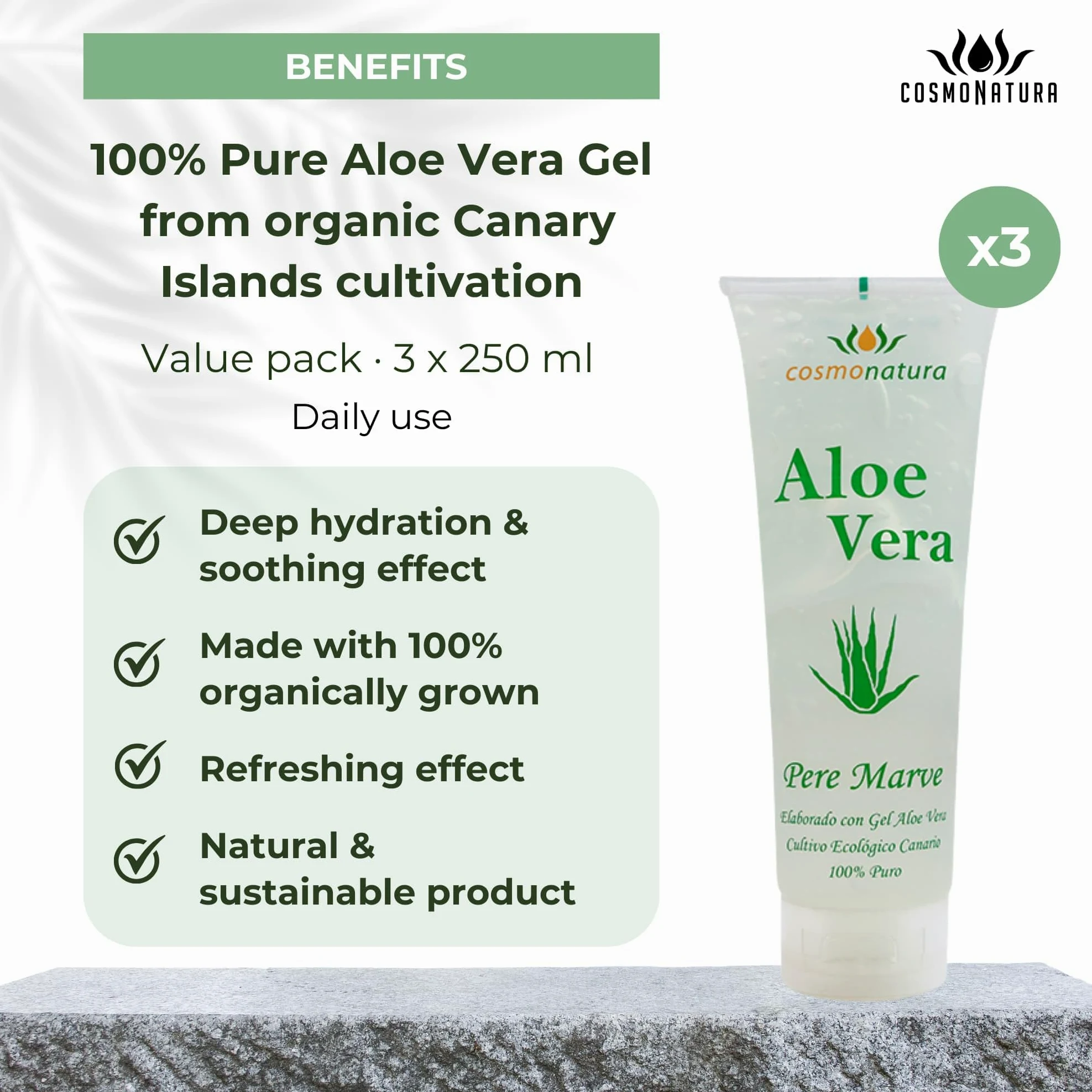 Cosmonatura żel Aloe Vera 100% ekologiczny 3 x 250 ml nawilżający kojący regenerujący witaminy A E prowitamina B5