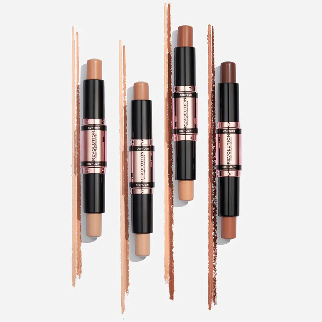 Makeup Revolution Contour Stick Duo Cream Contour & Highlight, definiuje kości policzkowe i kształtuje twarz, wegański i nietestowany na zwierzętach, średni, 2,4 g