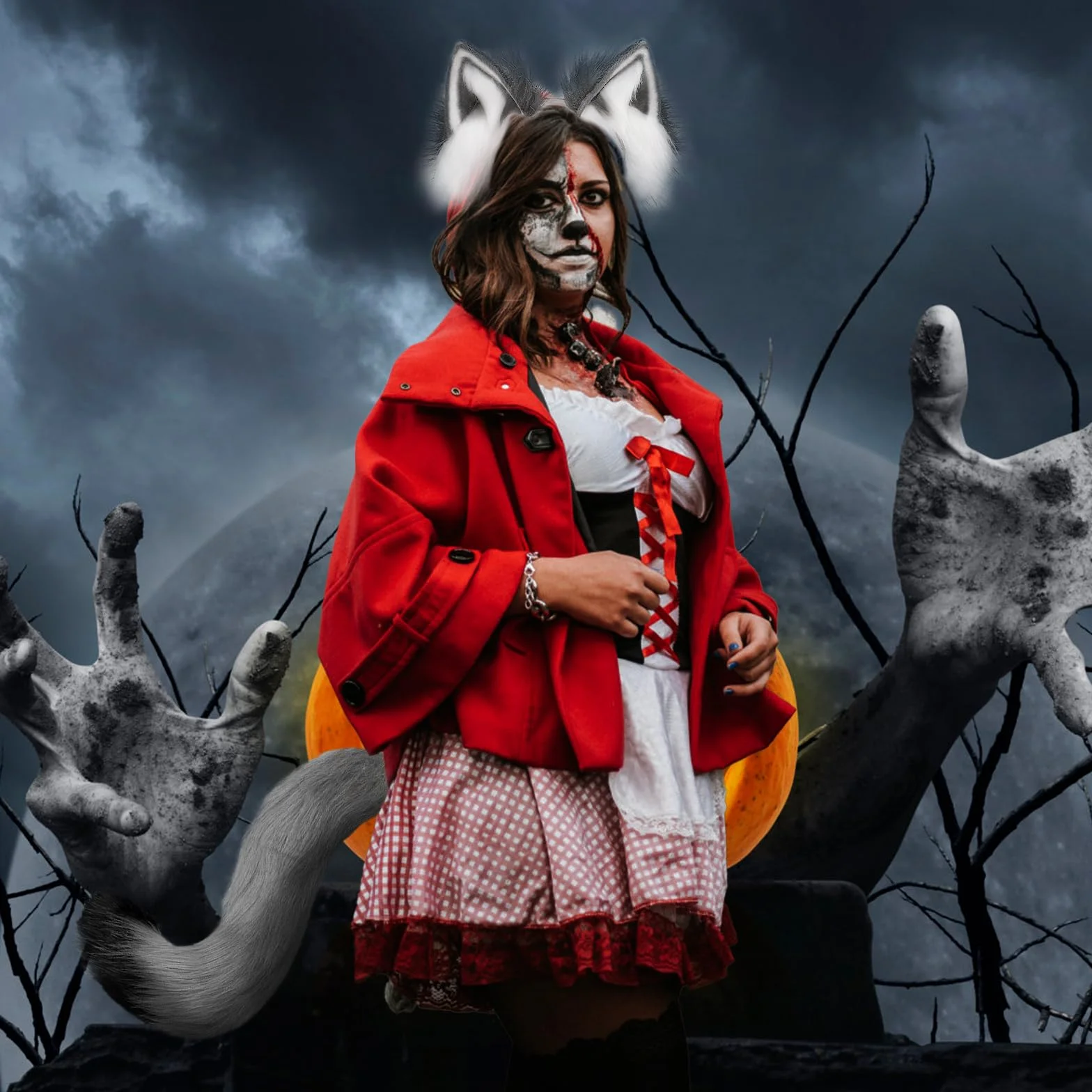 Ulikey Zestaw do przebierania się wilka, lisi ogon, Halloween, sztuczne futro, kocie uszy pluszowe, wilk, lisi ogon, zestaw z opaską na czoło i rękawiczkami, na Halloween, karnawał