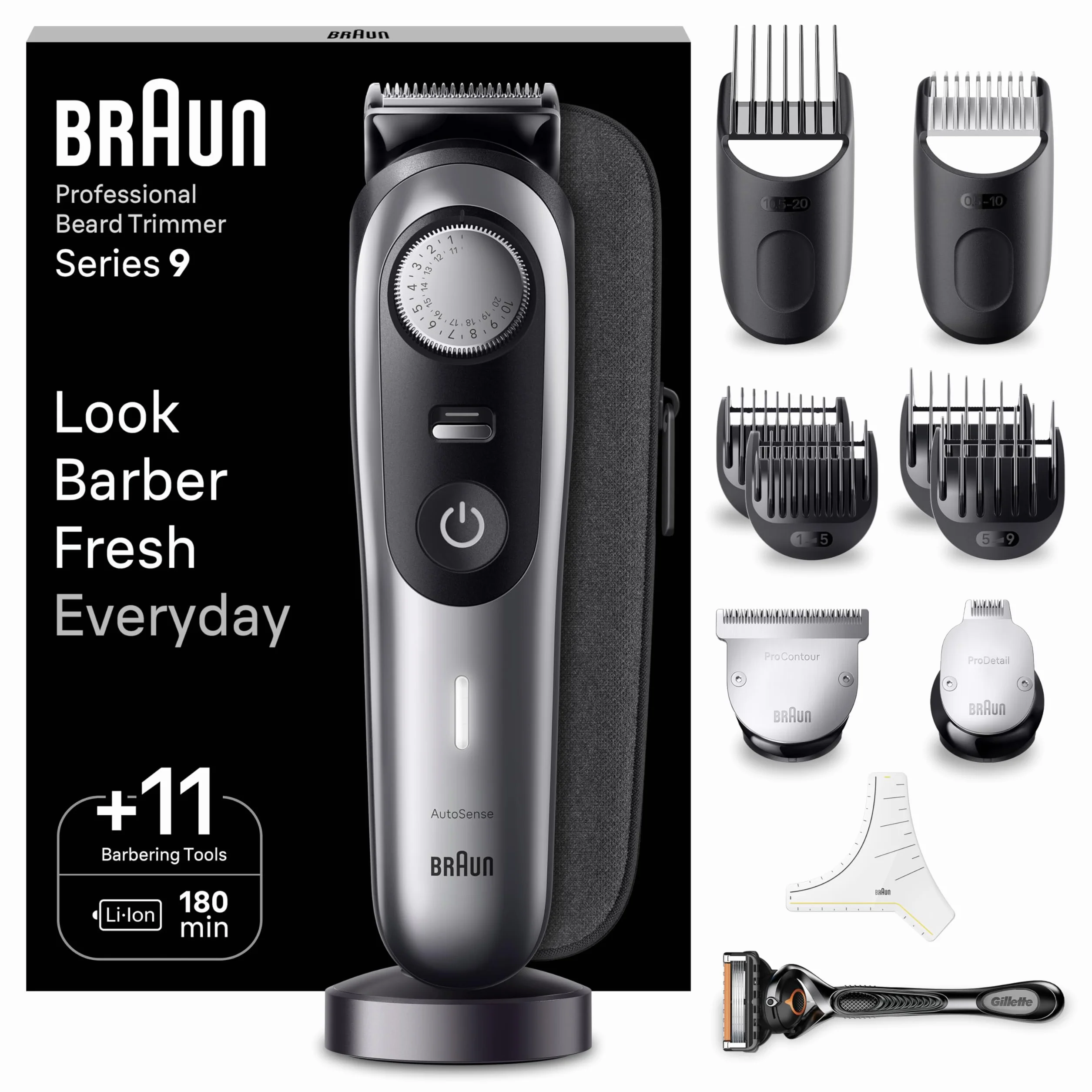 Braun trymer do brody, trymerka/maszynka do strzyżenia włosów dla mężczyzn, 40 ustawień, stacja ładowania, etui podróżne, szablon do brody, czas pracy bezprzewodowej 180 min., wodoodporny, BT9440, opakowanie może się różnić