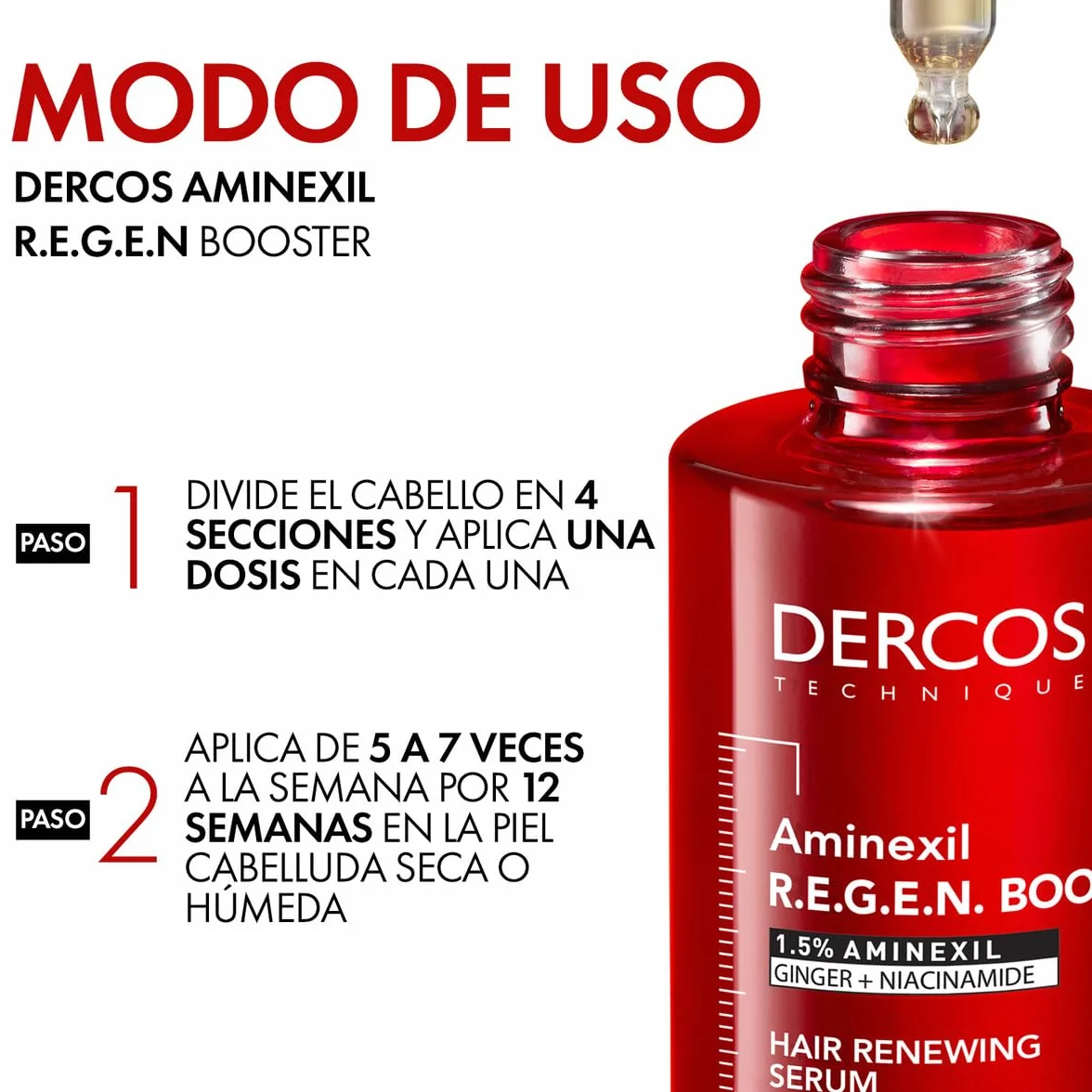 Vichy Dercos Serum R.E.G.E.N wzmacniacz regeneracyjny do włosów 90ml | Aminexil 1,5%, imbir + niacynamid, +14 000 włosów w 12 tygodni, bez parabenów