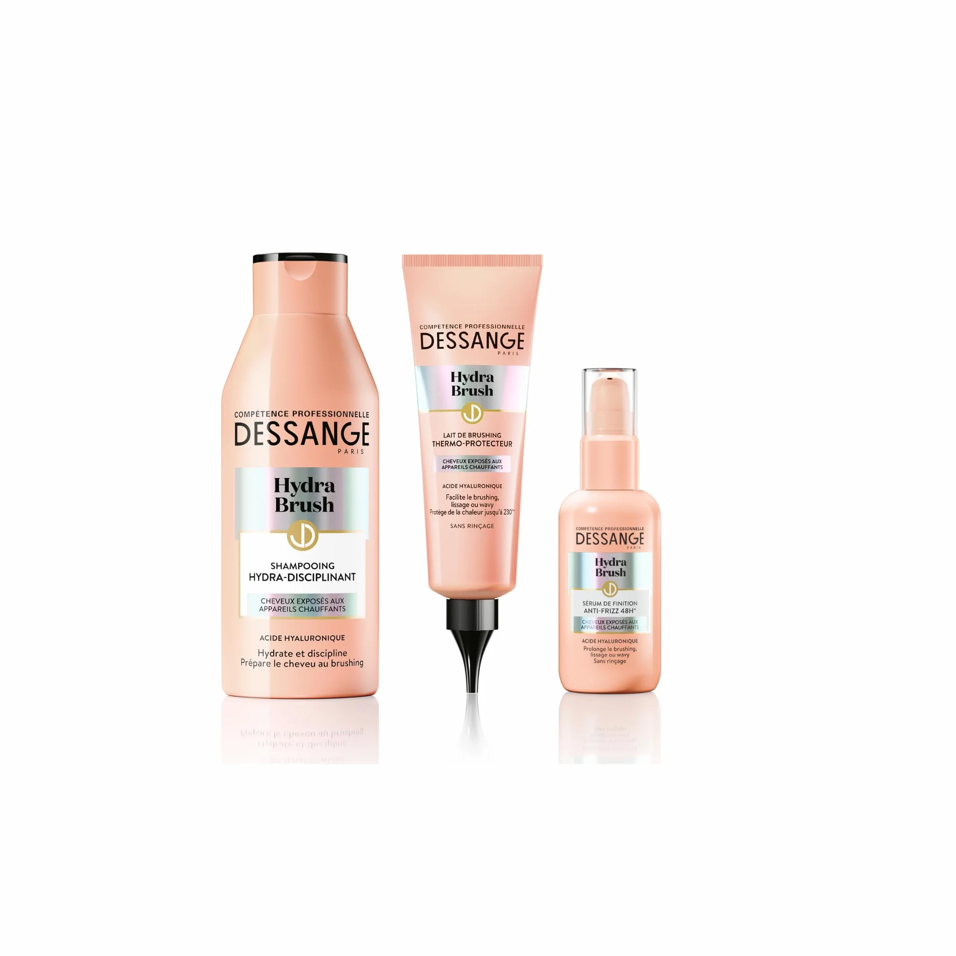 DESSANGE - Zestaw nawilżający i dyscyplinujący Hydra Brush - Dyscyplinujący szampon + Termoprotekcyjne mleko do Brushingu + 48H* Anti -Frizz Finish Serum - Formuła wzbogacona kwasem hialuronowym*