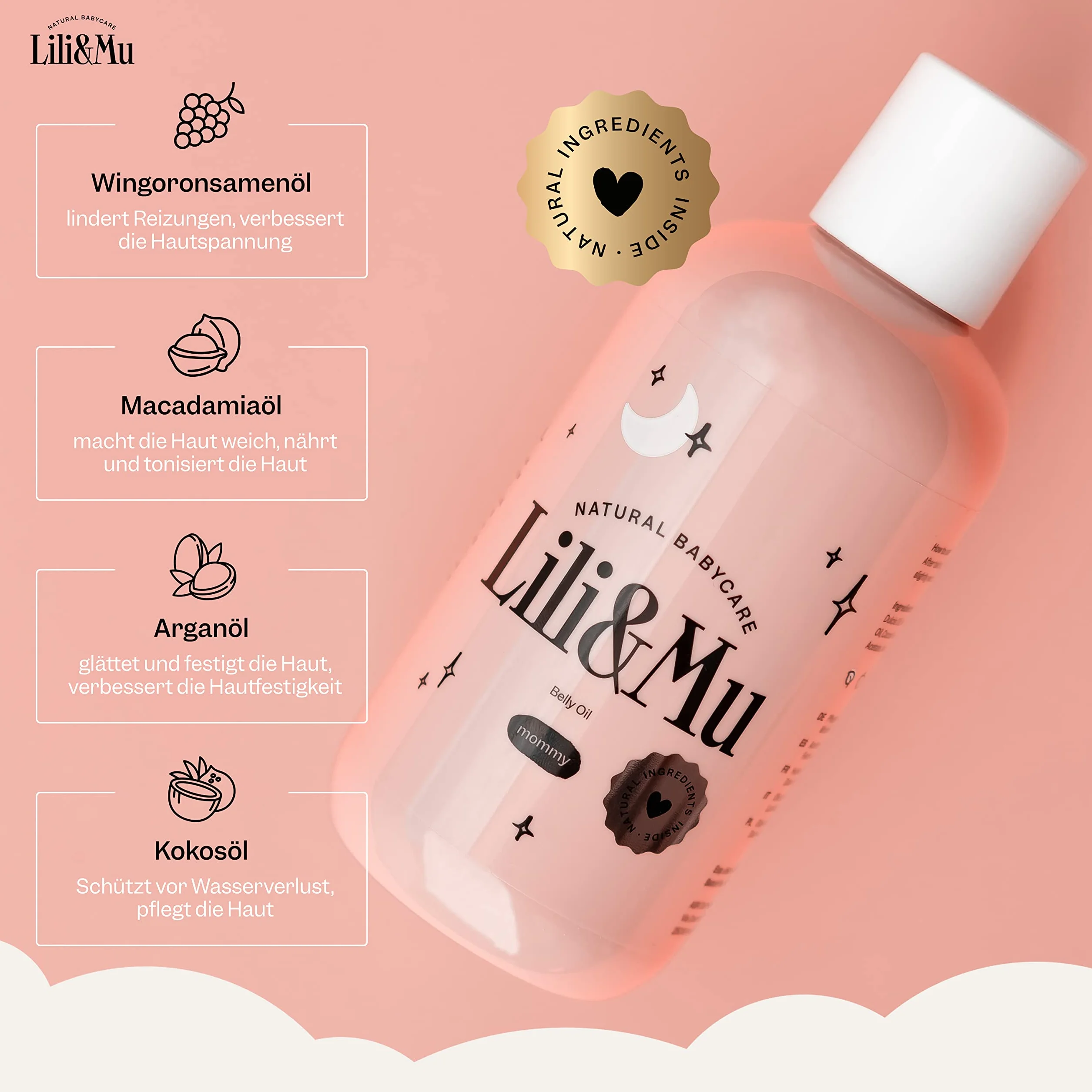 Lili&Mu Olejek ciążowy przeciw rozstępom i rozstępom | Olejek do masażu z olejem kokosowym olejem z pestek winogron witaminą E | Pielęgnacja skóry w ciąży 200 ml