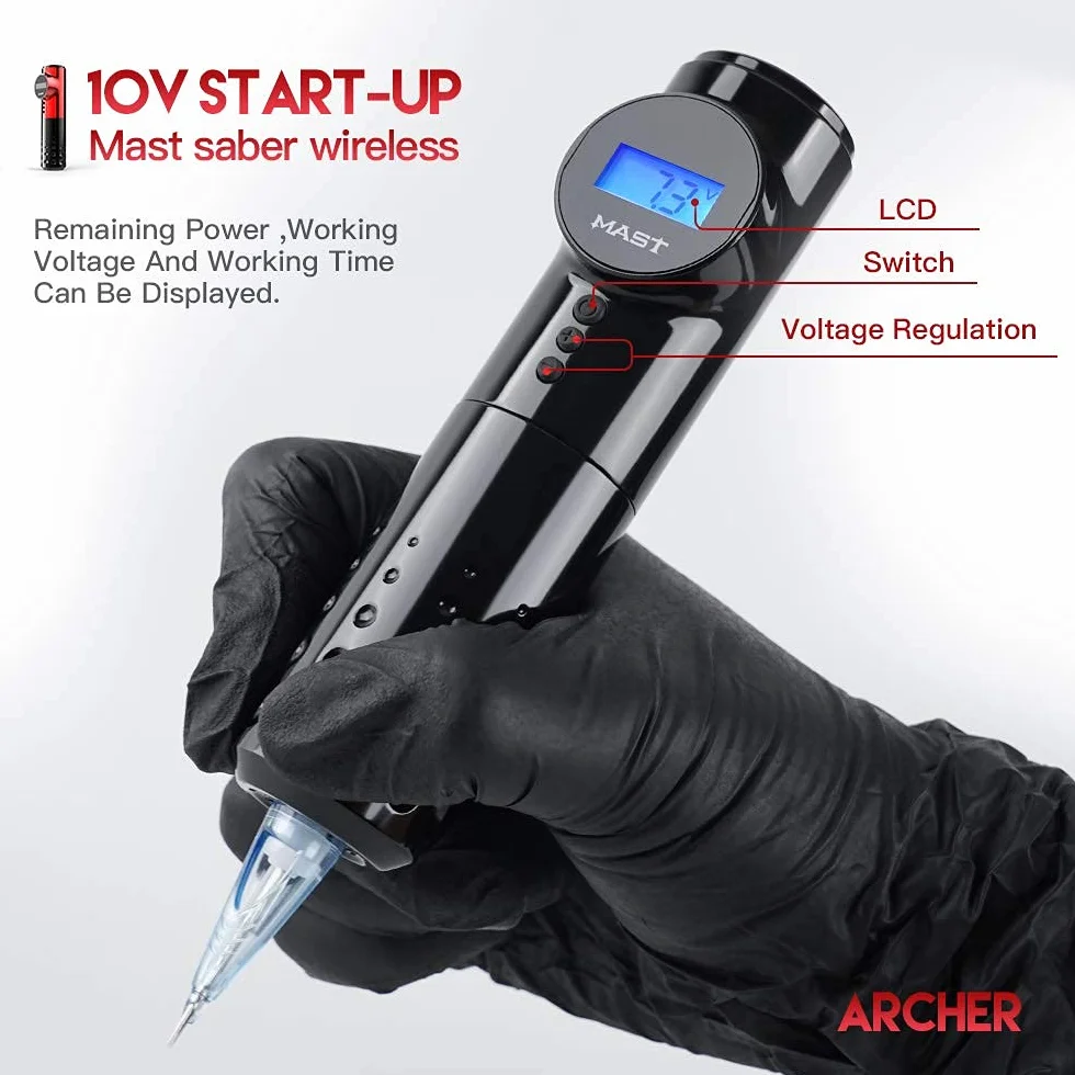 Mast Archer Tattoo Machine Pen Cordless Rotary Tattoo Gun 3.5mm Stroke 2000mAh Battery with 2pcs Grips for Tattoo Artists and Beginners