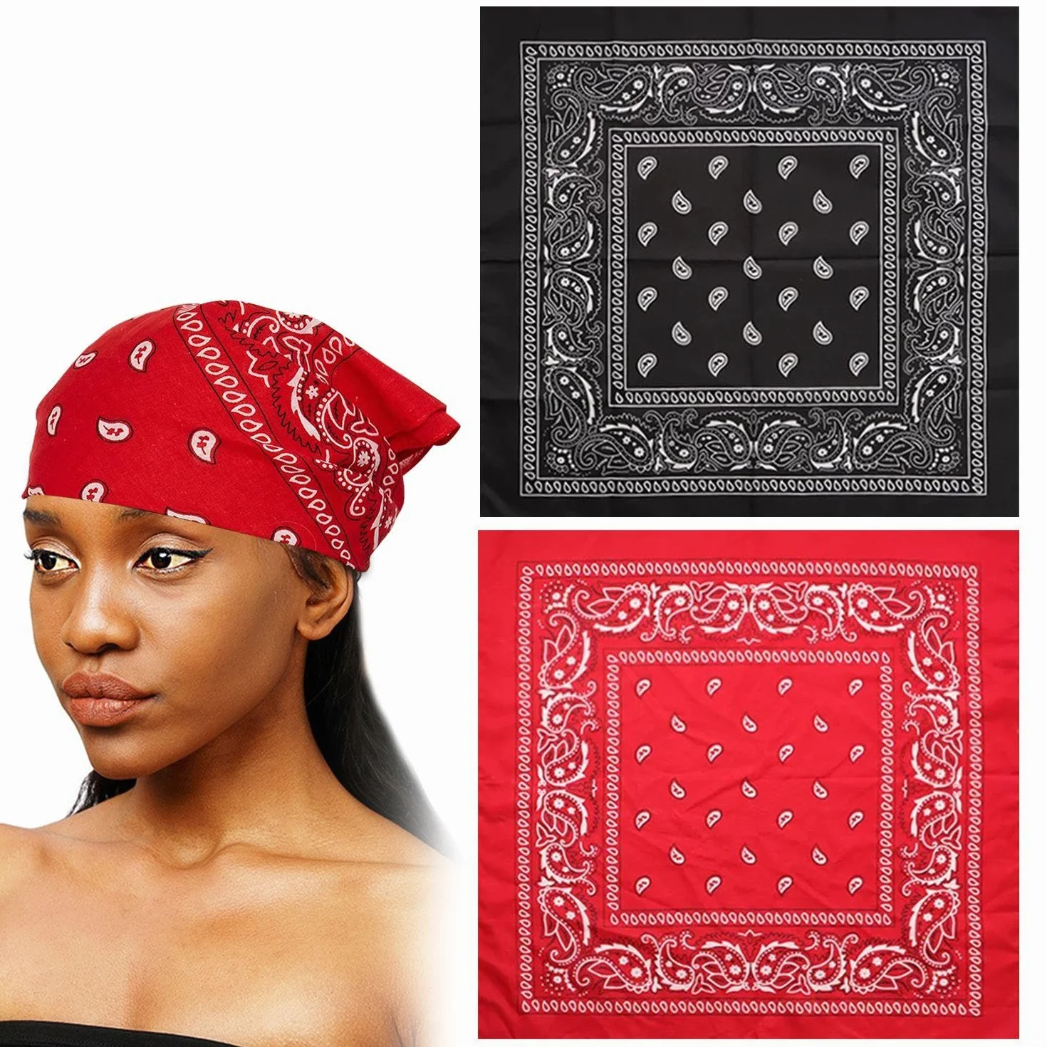 2-częściowy headscarf Hip-Hop-Fashion, kwadratowy turban do uprawiania sportu na świeżym powietrzu, modny szalik z osobowością, szalik z nadrukiem retro (czarny, czerwony).