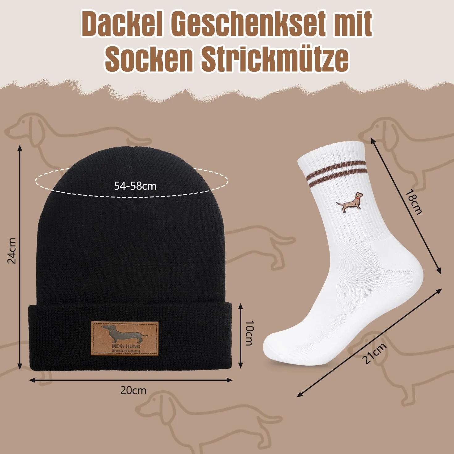 Jamnik zestaw prezentowy ze skarpetkami czapka z dzianiny, prezenty dla właścicieli psów, jamnik czapka z dzianiny beanie, jamnik skarpetki skarpetki tenisowe skarpetki sportowe, prezent dla
