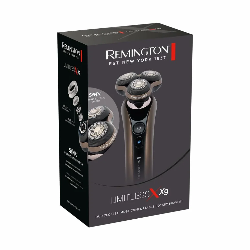 Remington X9 Limitless X Golarka elektryczna dla mężczyzn z hybrydowym systemem tnącym SynX, rotacyjna, na mokro i na sucho, trymer, bezprzewodowa, 360° PivotBall, technologia Shave-Learn LED, XR1795