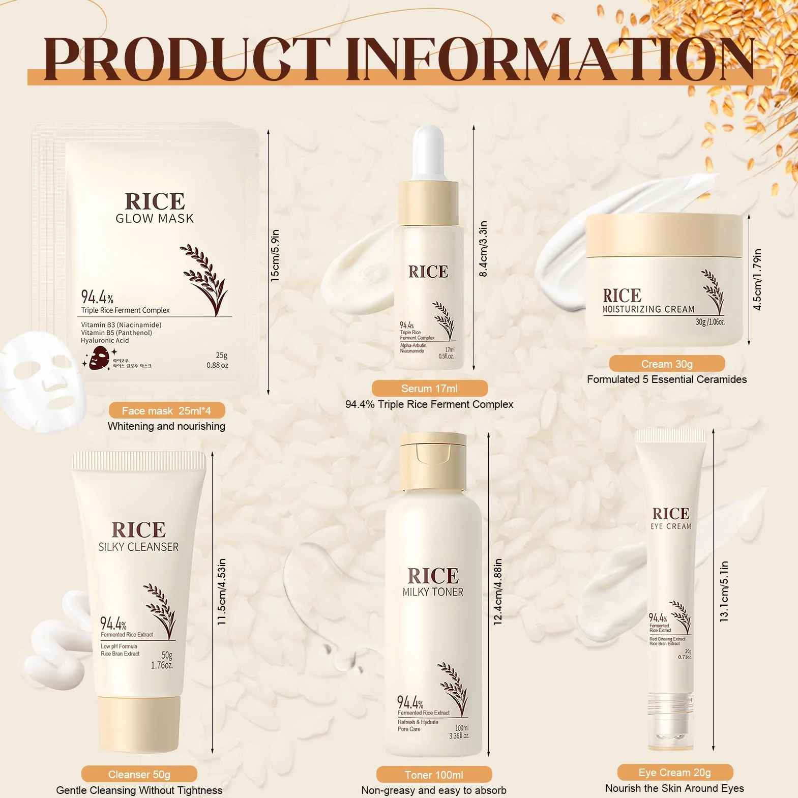 9 sztuk Rice Skincare Kit, Koreański zestaw do pielęgnacji skóry, Rice Pielęgnacja twarzy dla kobiet z środkiem do mycia twarzy, koreańskie maski, toner ryżu, kremy do twarzy dla kobiet, kontur oczu