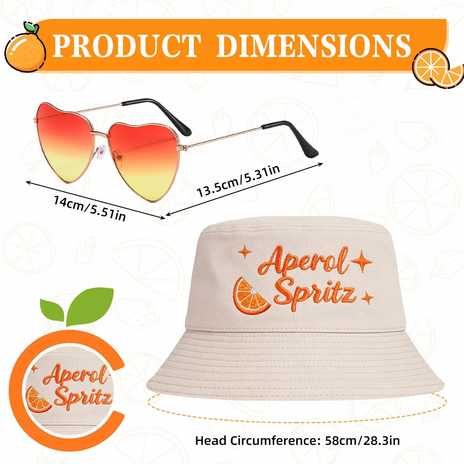 Aperol kapelusz rybacki, kapelusz wędkarski, Aperol Spritz, prezent, retro, pomarańczowe okulary w kształcie serca, na karnawał, do kostiumu, na imprezę, akcesoria na lato, outdoor, kapelusz