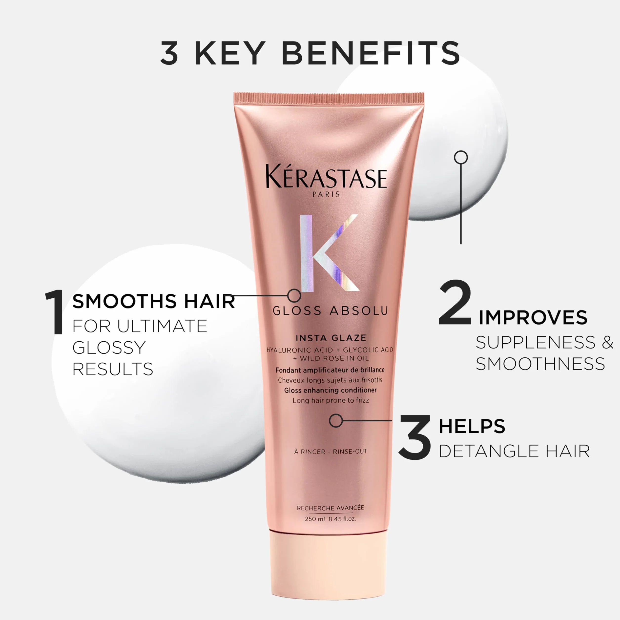 Kérastase Gloss Absolu Insta Glaze, odżywka wzmacniająca połysk do długich włosów, z kwasem glikolowym, kwasem hialuronowym i dziką różą w oleju, 250ml